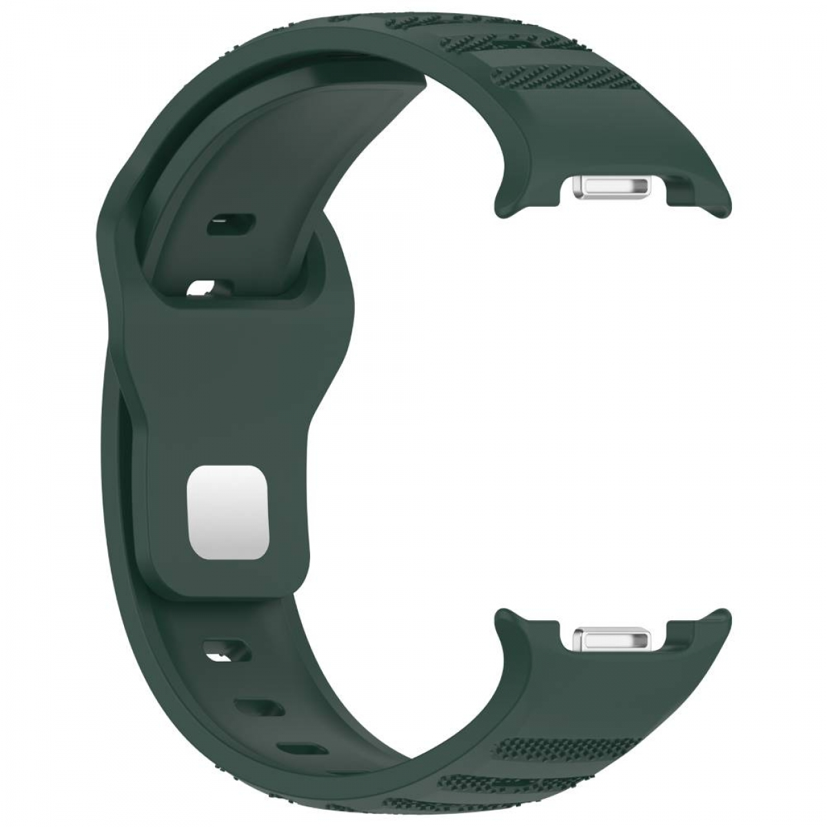 Ein dunkelgrünes Uhrenarmband mit strukturierter Oberfläche und zwei Metallverschluss-Befestigungen. Es ist C-förmig.
