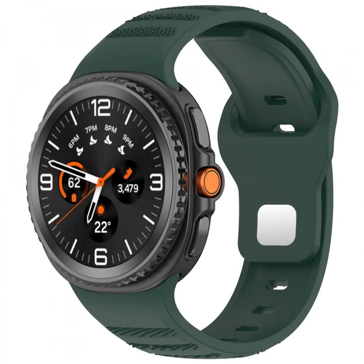 Eine Smartwatch mit grünem Armband. Das Zifferblatt zeigt die Uhrzeit und Fitness-Metriken an.