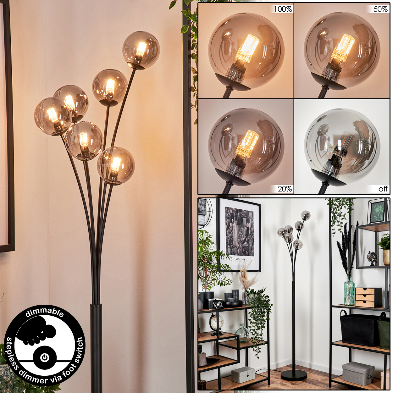 Stehlampe mit sechs Glaskugeln in Raumumgebung. Dimmbare Funktion angezeigt. Das Licht ist per Fußschalter dimmbar.