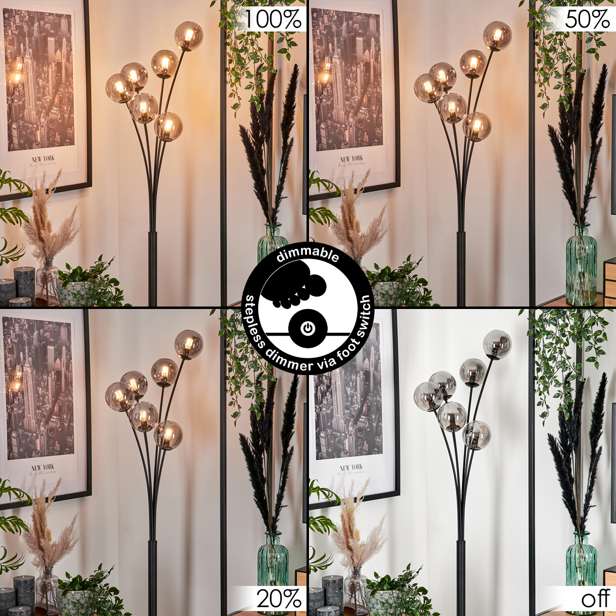 Stehlampe mit kugelförmigen Lichtern, dimmbar per Fußschalter. Bilder zeigen unterschiedliche Lichtintensitäten.