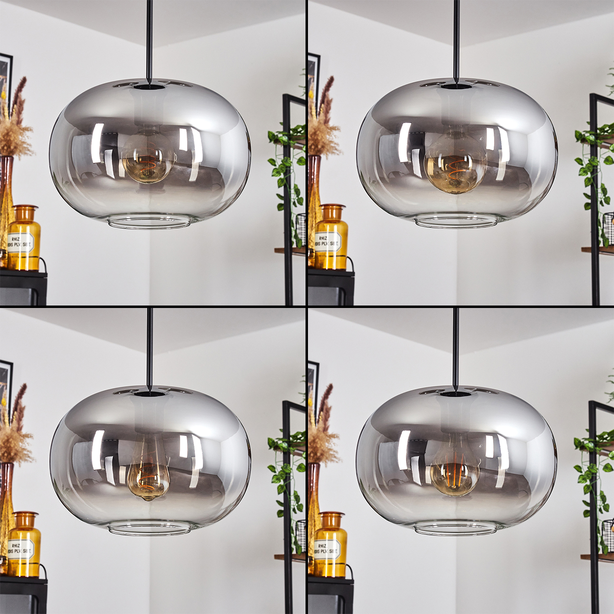 Vier Quadrate zeigen Pendelleuchten mit glänzenden grauen Globus-Schirmen und sichtbaren Glühbirnen. Inneneinrichtung.
