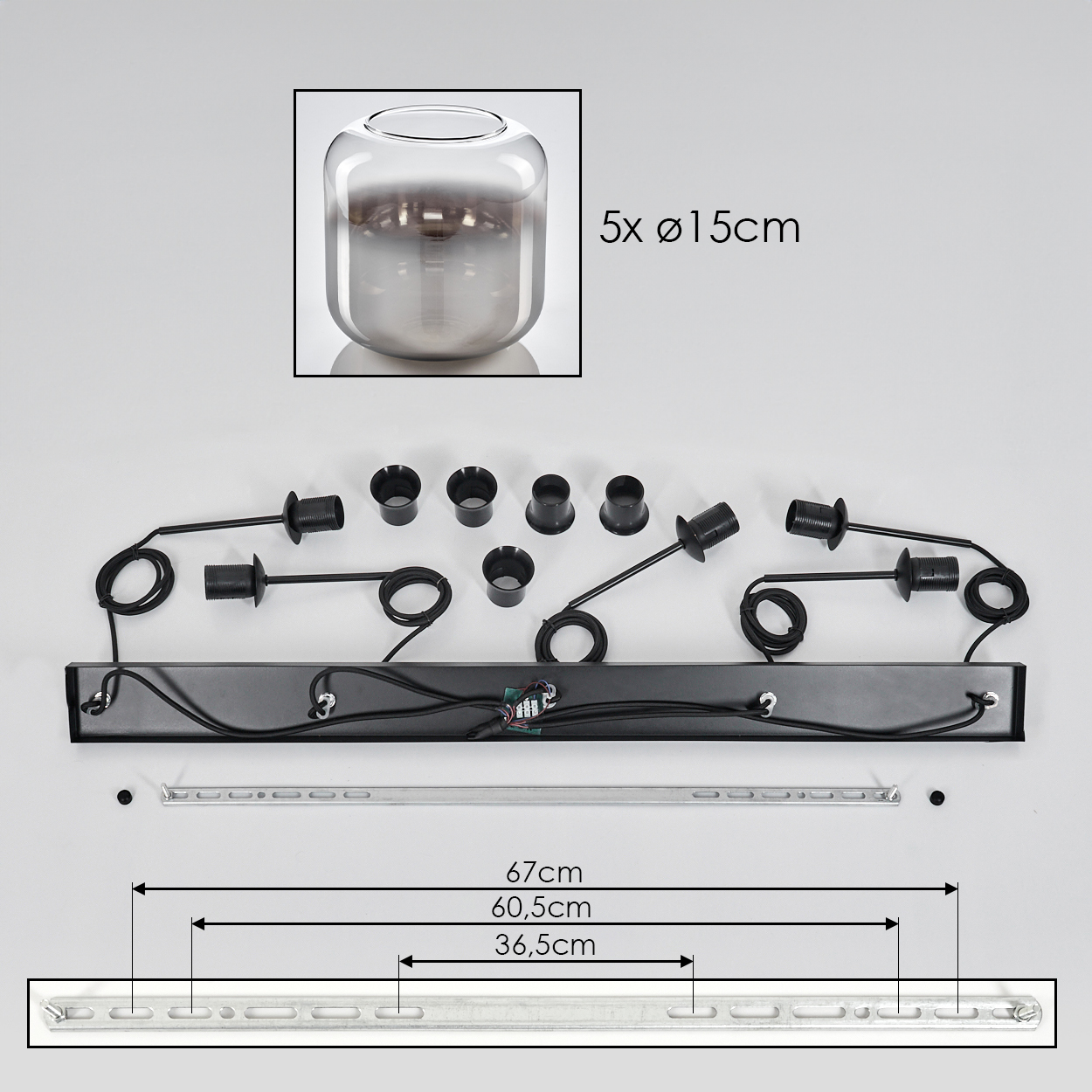 Draufsicht auf ein Lampen-Set. Enthält einen Glasschirm, mehrere Teile und Abmessungen.