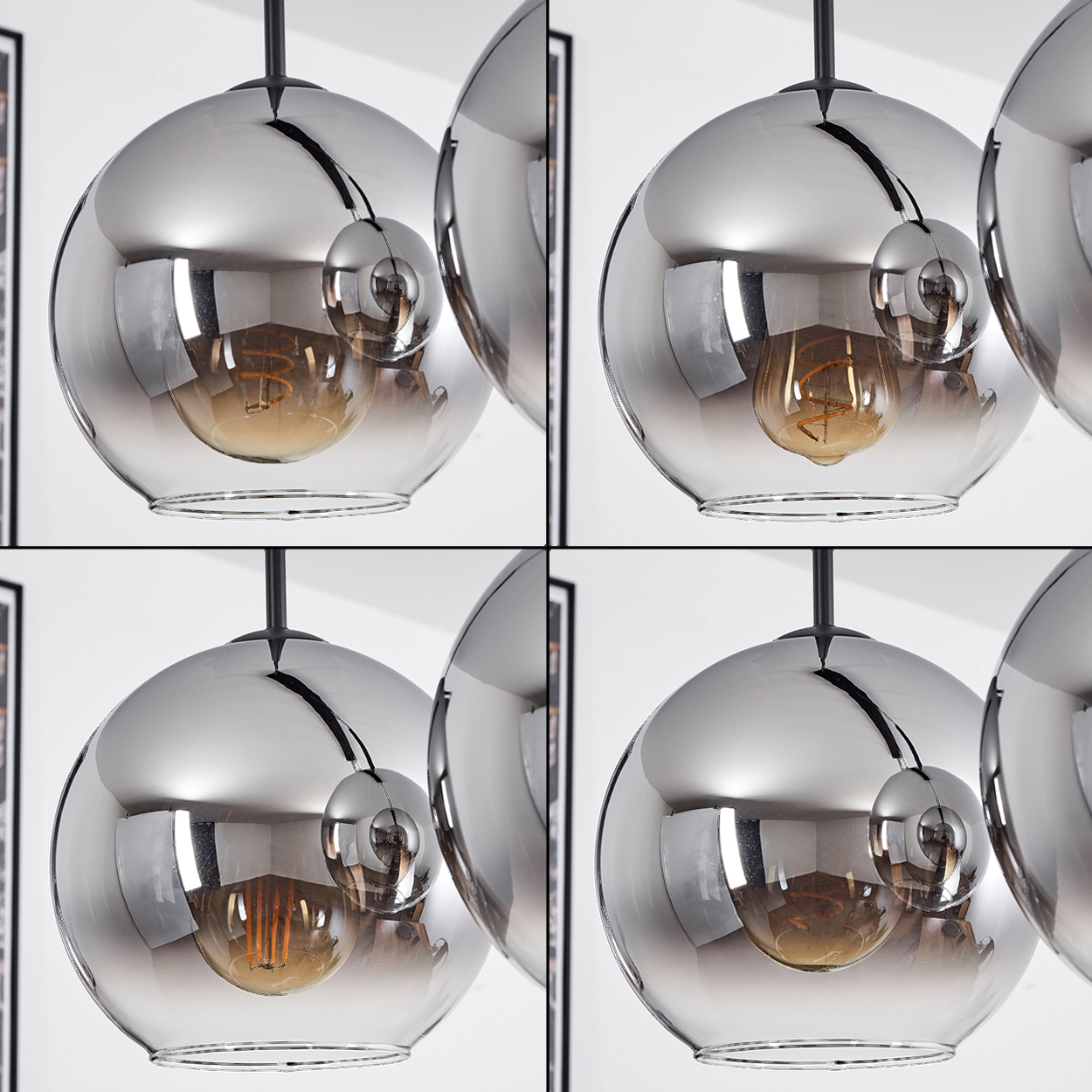 Nahaufnahme von vier silbernen Kugellampen. Jede Lampe hat einen sichtbaren Glühbirnenfaden.