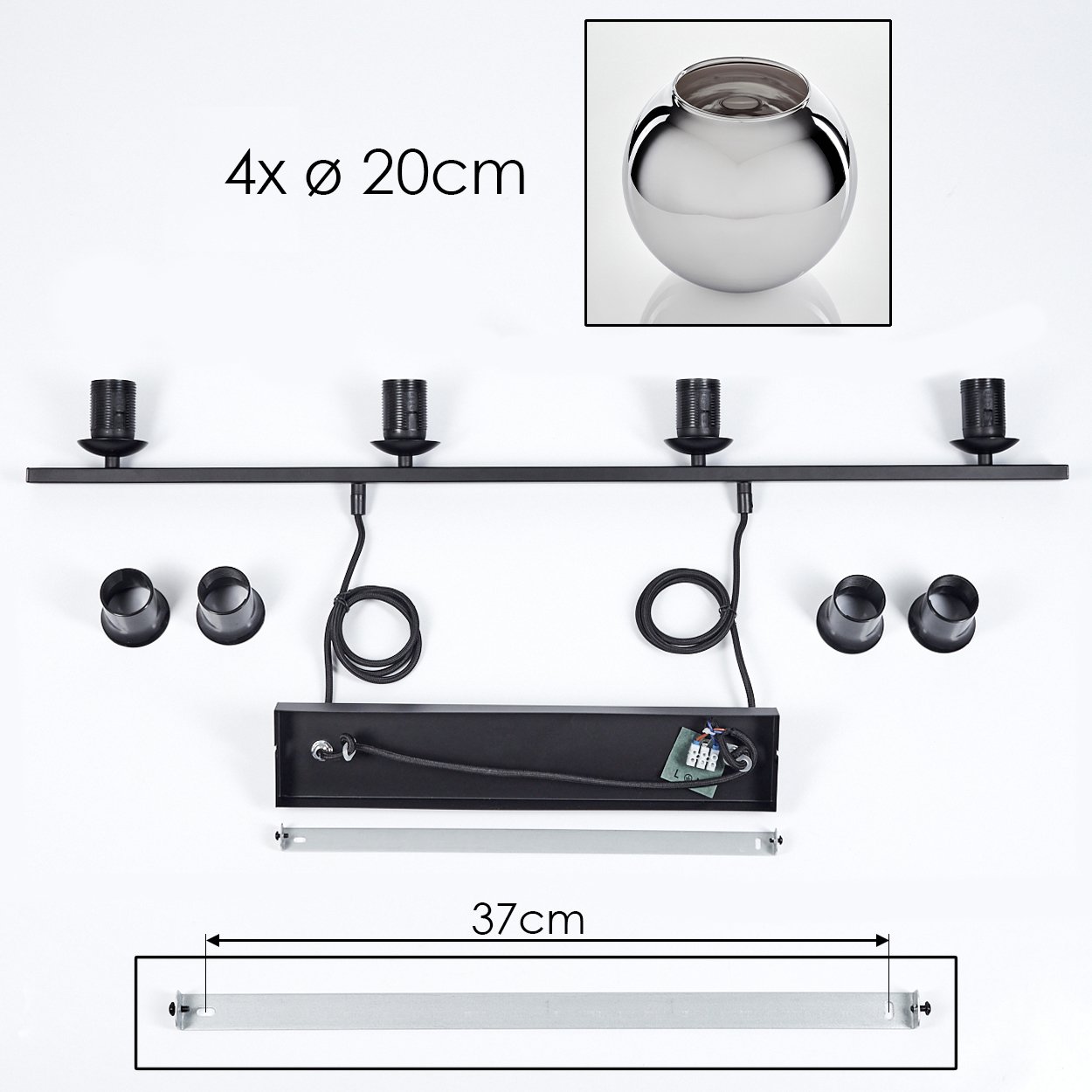 Eine zerlegte Lampe mit vier silbernen Kugeln und schwarzen Halterungen, mit Messungen.