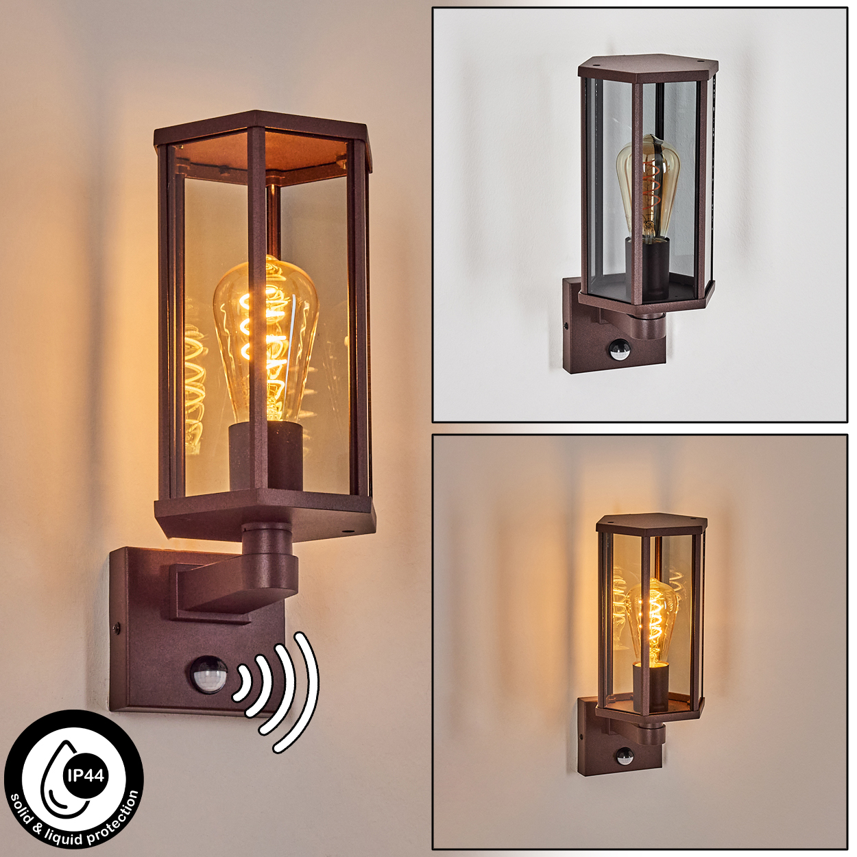 Ein Set von drei Bildern, die eine Wandleuchte mit Glasgehäuse und einer freiliegenden Glühbirne zeigen.