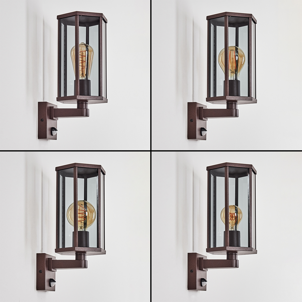 Vier Bilder von Wandleuchten mit Glasgehäusen und freiliegenden Glühbirnen, in einem Raster angeordnet.