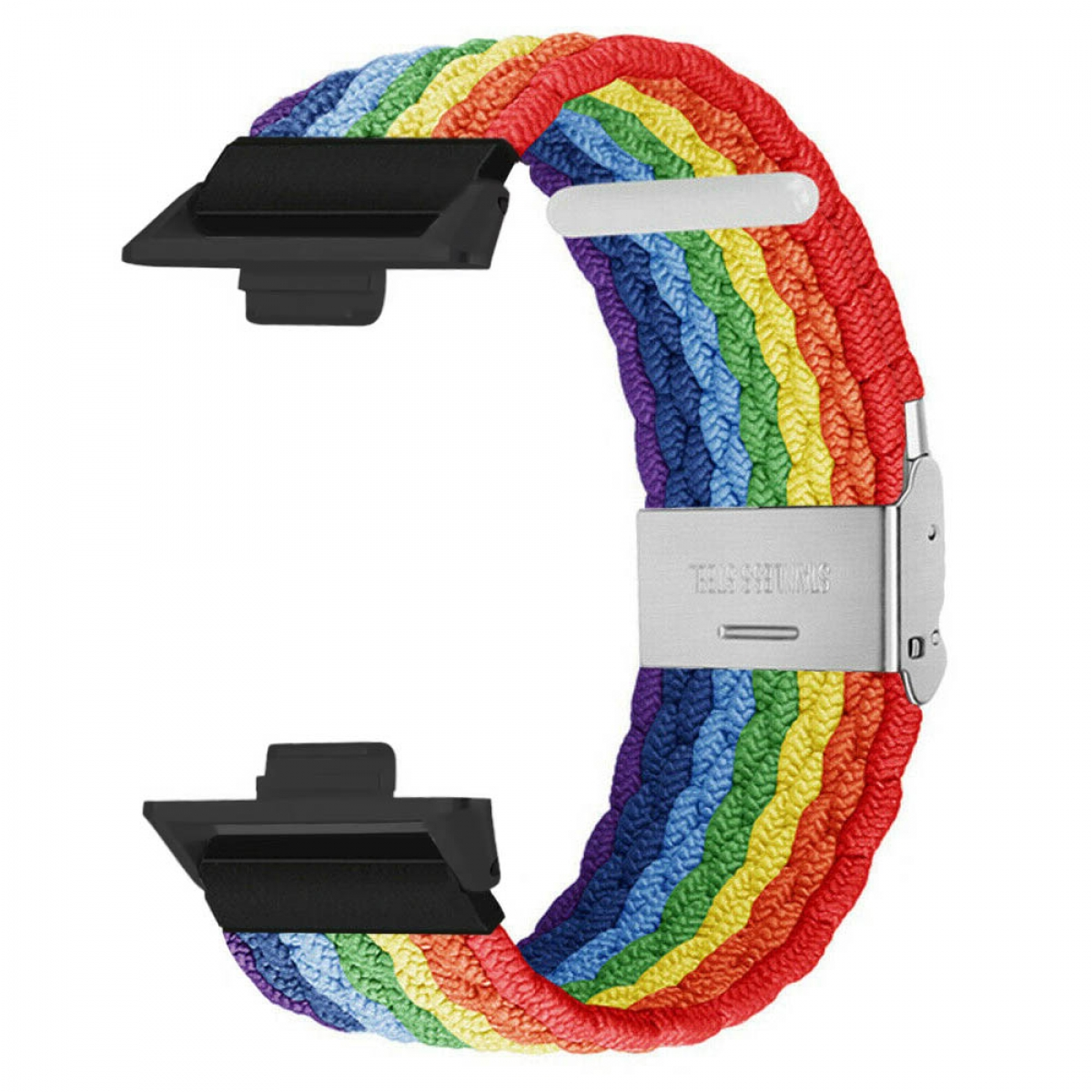 Regenbogenfarbenes geflochtenes Uhrenarmband mit schwarzen Anschlüssen und silberner Schließe.