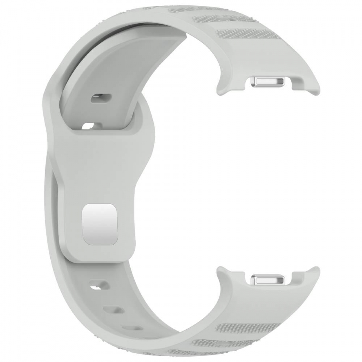 Hellgraues Uhrenarmband mit strukturierten Mustern in offener, gebogener Form.