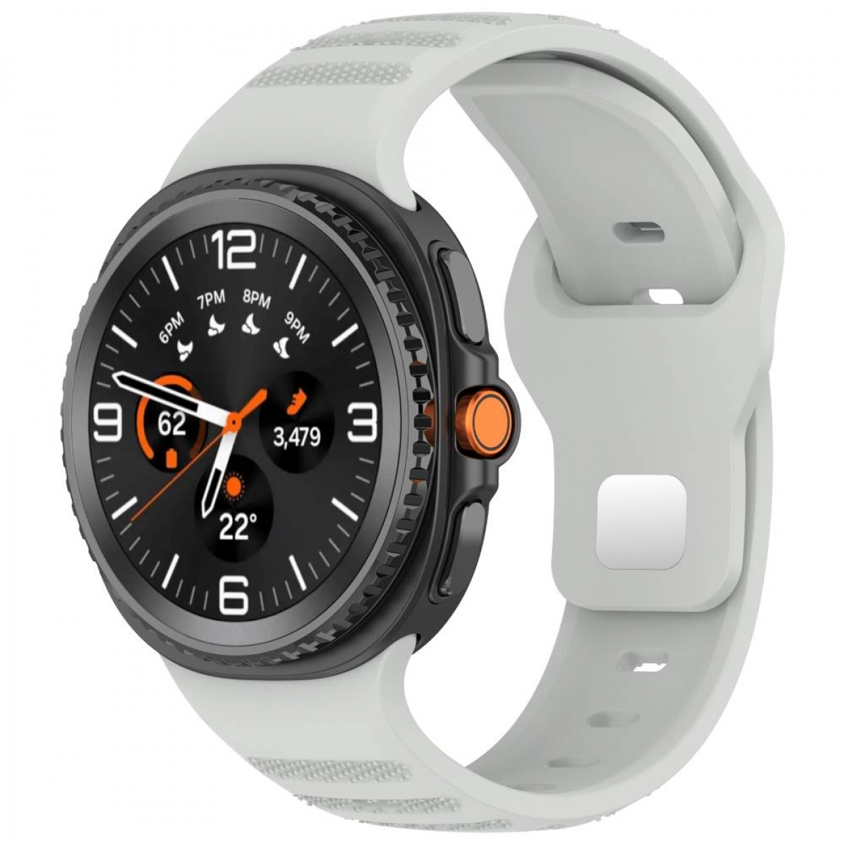 Eine Smartwatch mit weißem Armband. Das Zifferblatt zeigt Zeit und andere Metriken an.