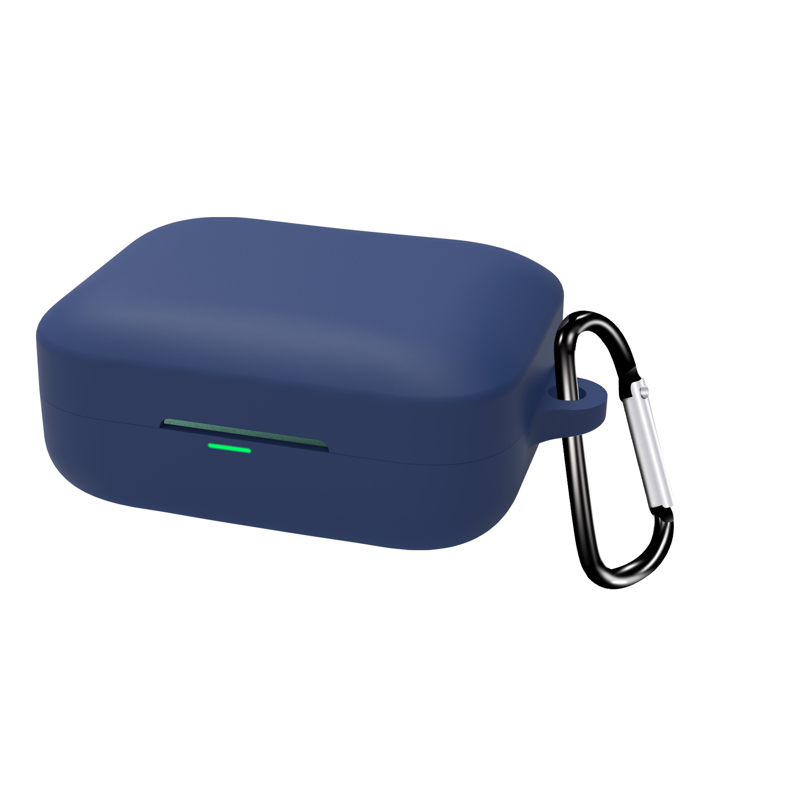 Custodia per auricolari blu navy con moschettone nero attaccato. Una piccola luce verde è accesa.