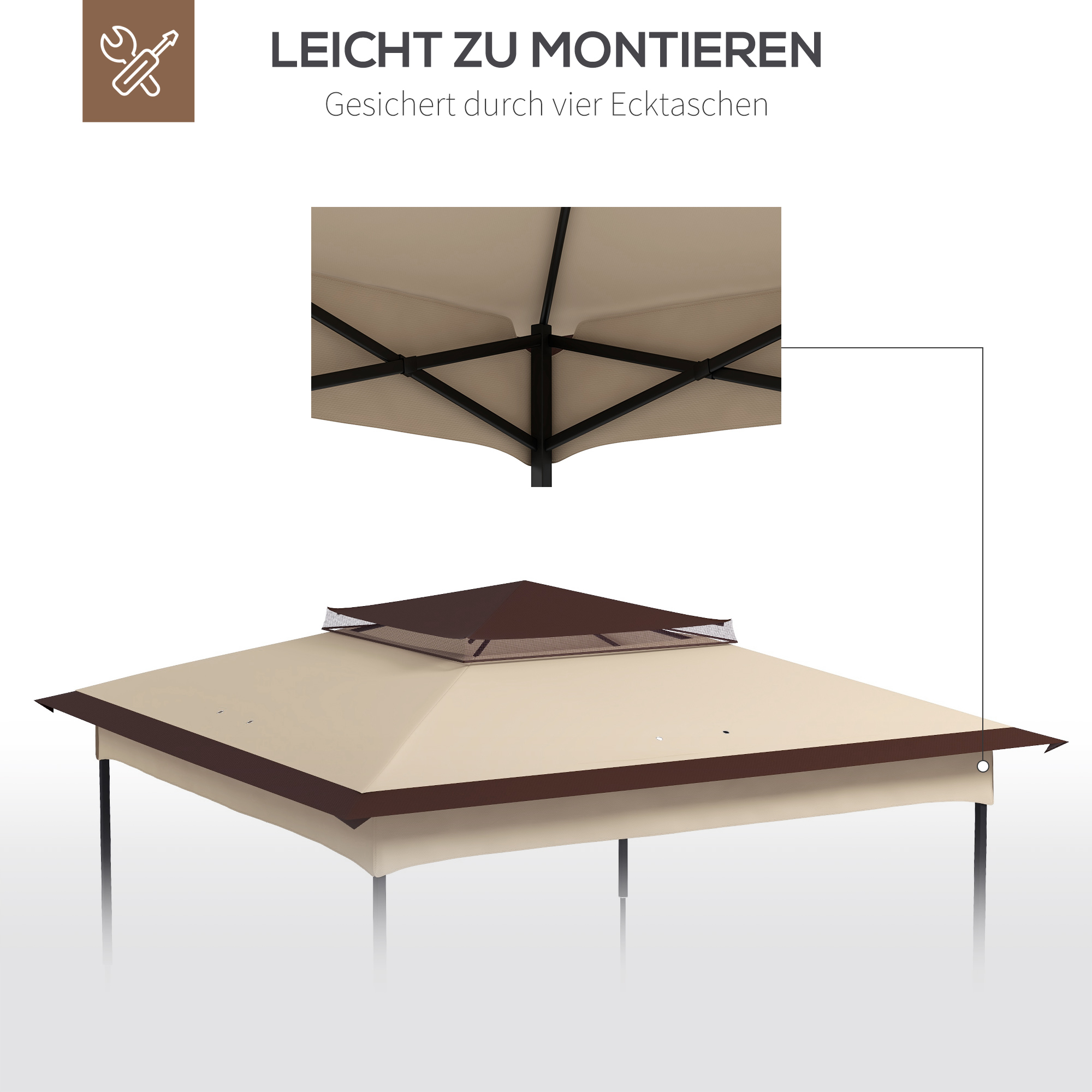 Diagramm eines beigen und braunen Pavillons, das zeigt, wie er mit Ecktaschen befestigt wird.