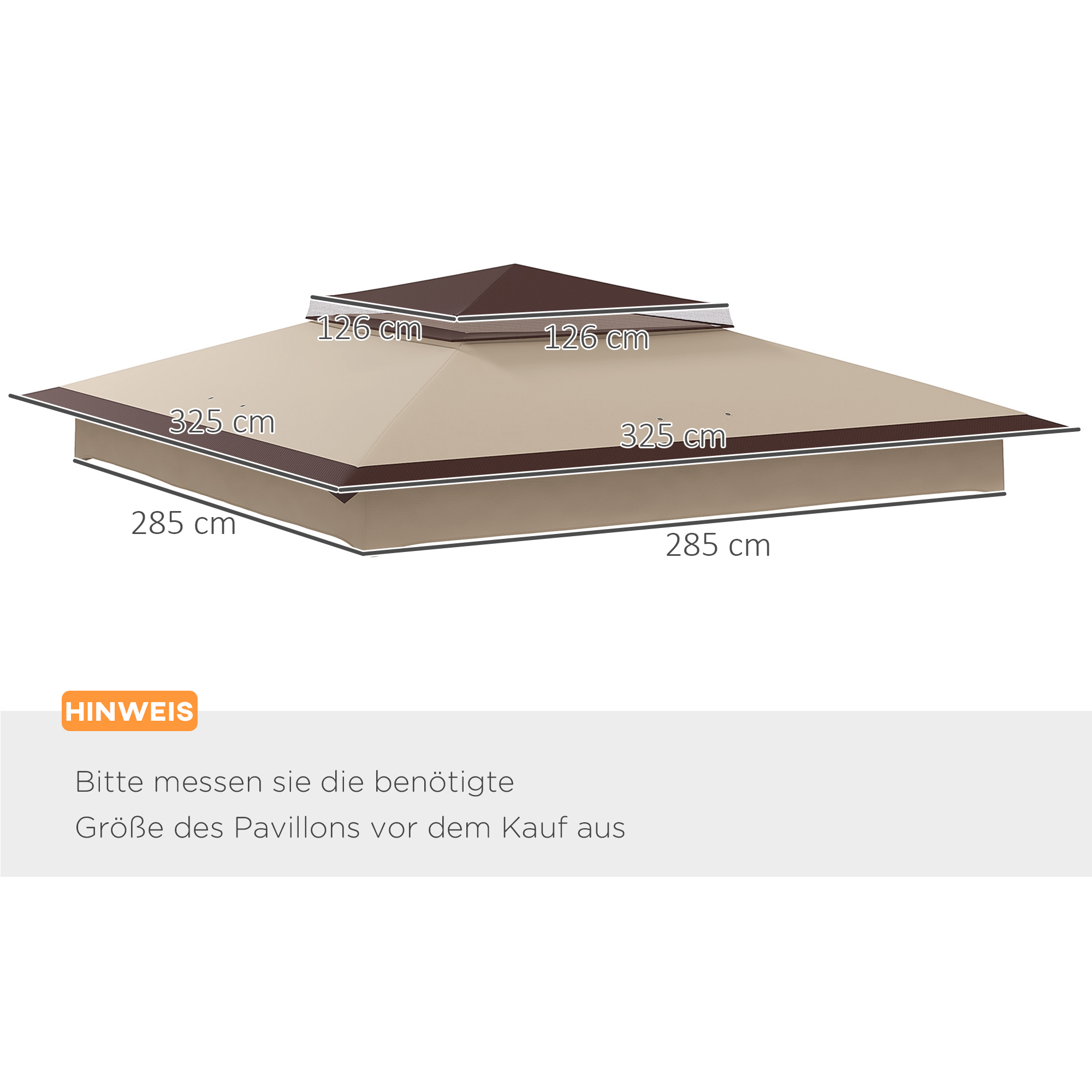 Diagramm mit den Abmessungen eines Pavillondachs, mit Maßen in Zentimetern und Text auf Deutsch.