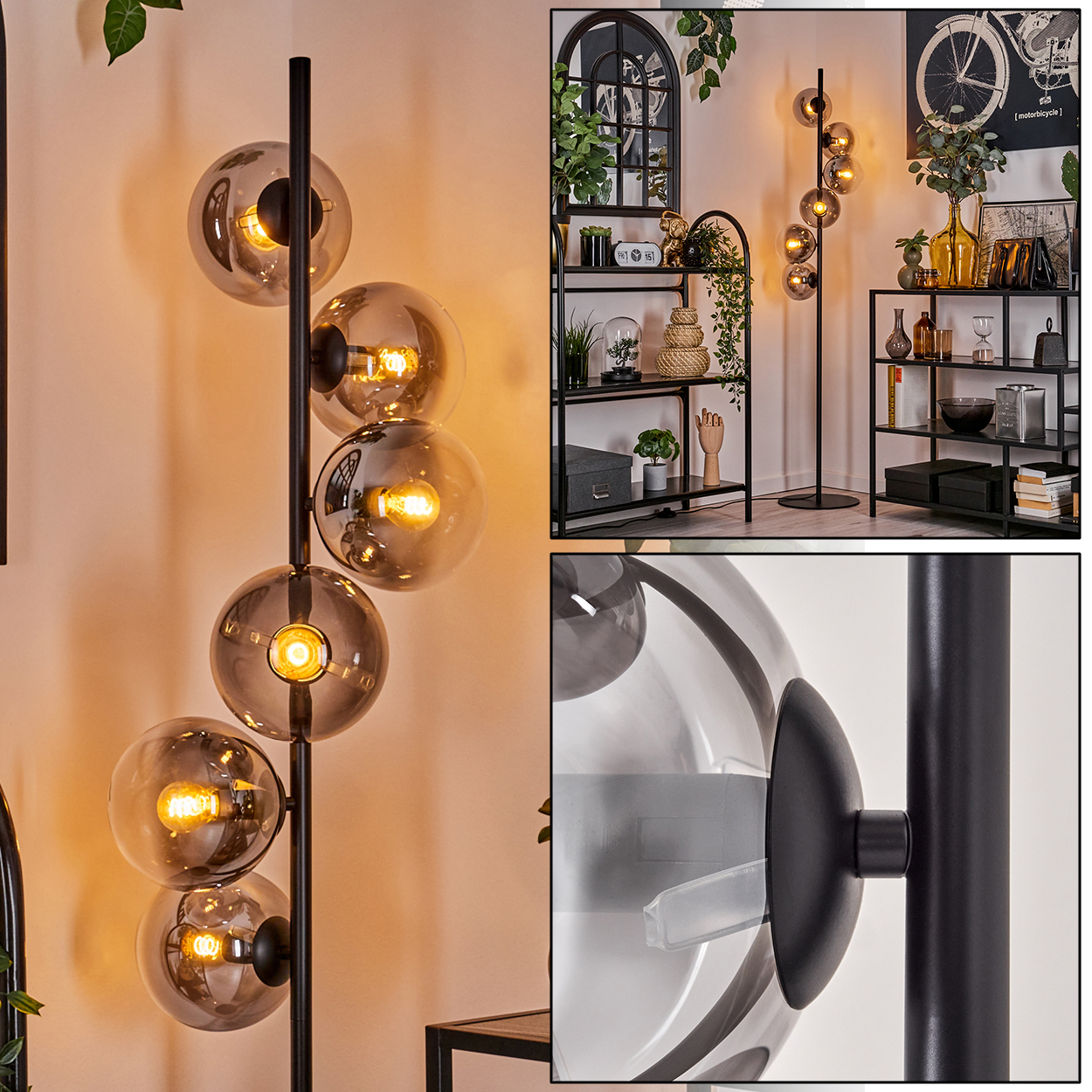 Eine Innenaufnahme einer Stehlampe mit Glasschirm. Die Lampe ist eingeschaltet.