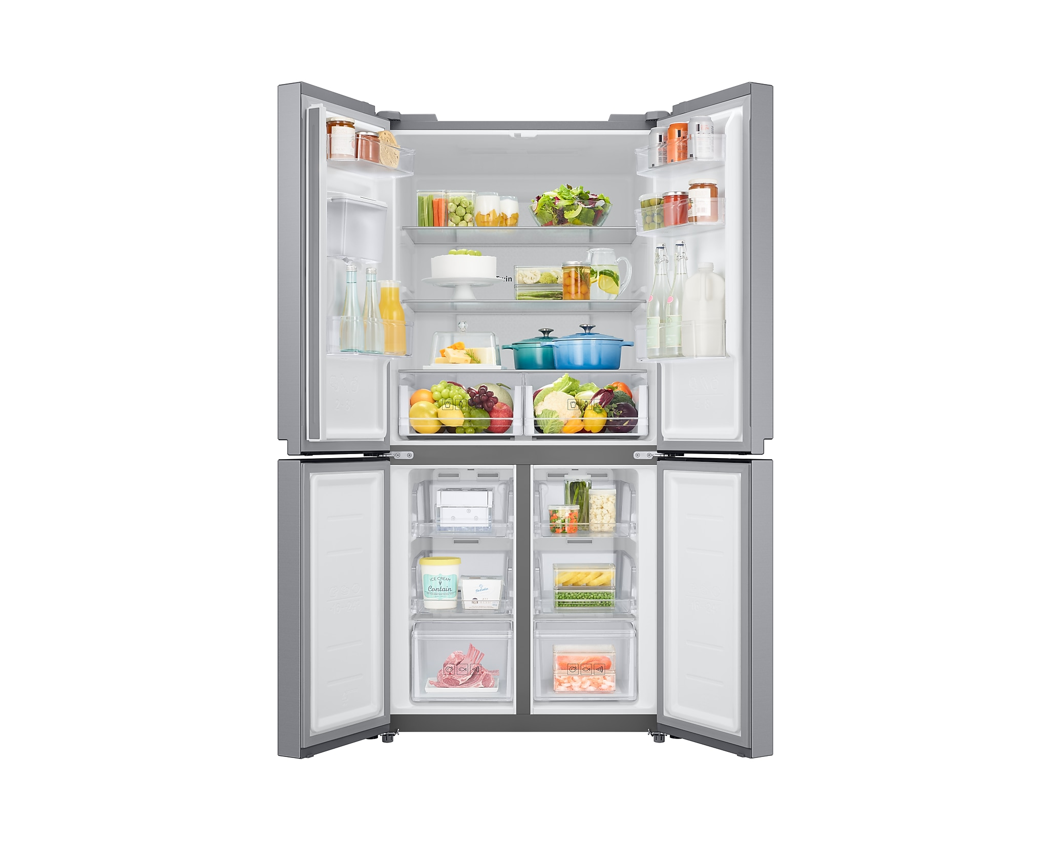 Srebrna lodówka z otwartymi drzwiami, wypełniona jedzeniem. Różne pojemniki.