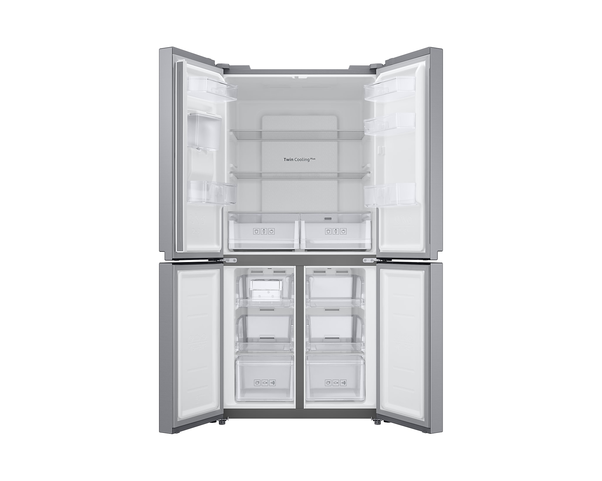 Srebrna lodówka z otwartymi drzwiami. Widoczne półki, szuflady i system Twin Cooling.