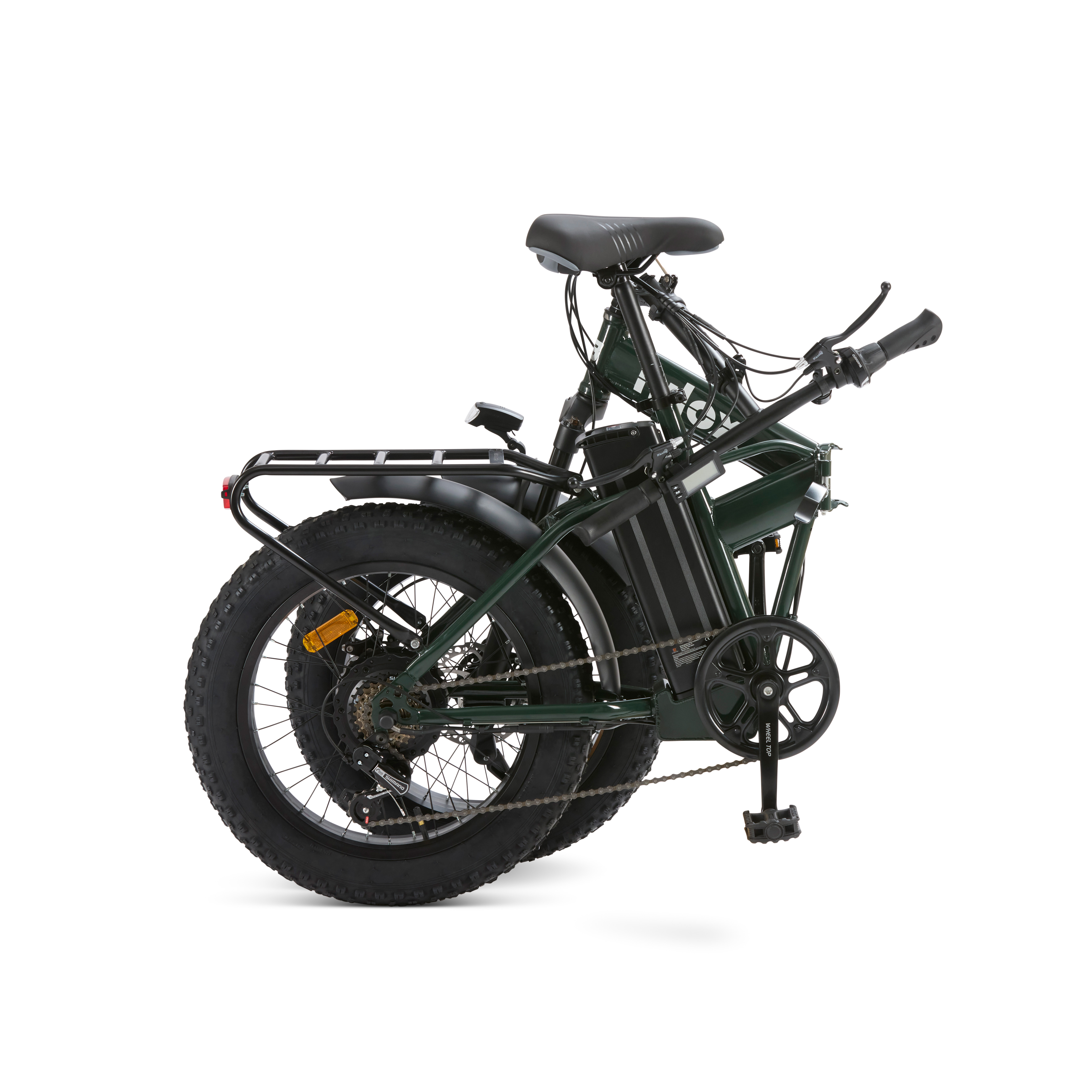 Zielony rower elektryczny, złożony, z czarnymi oponami i czarnym siodełkiem.
