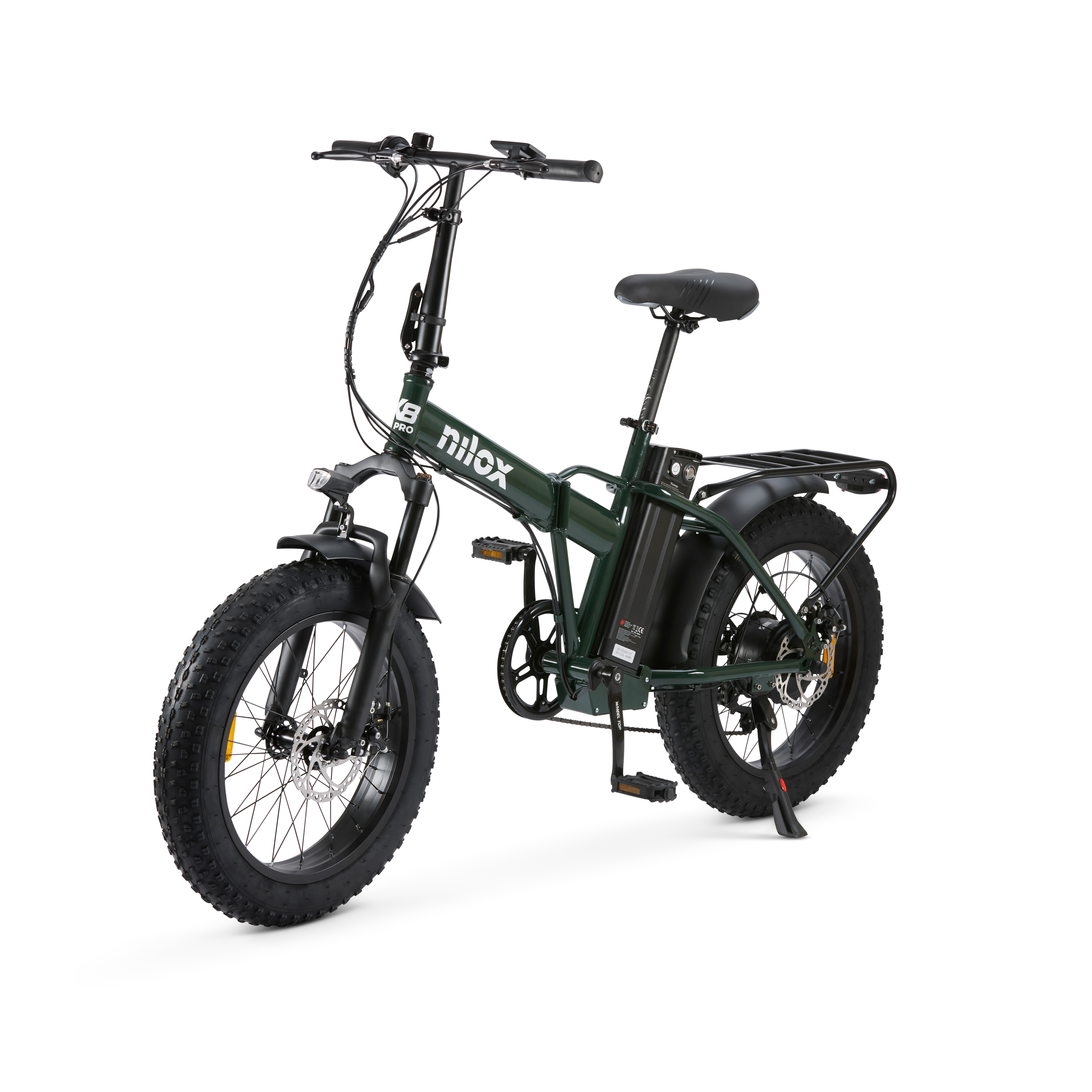 Zielony składany rower elektryczny z dużymi oponami. Znajduje się na białym tle, widok z boku.
