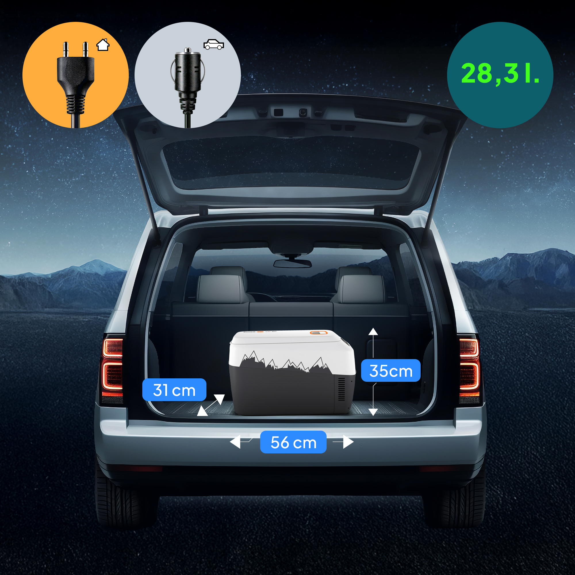 Eine Kühlbox im Kofferraum eines Autos, mit Stromanschlüssen und Nachthimmel im Hintergrund. Abmessungen werden gezeigt.