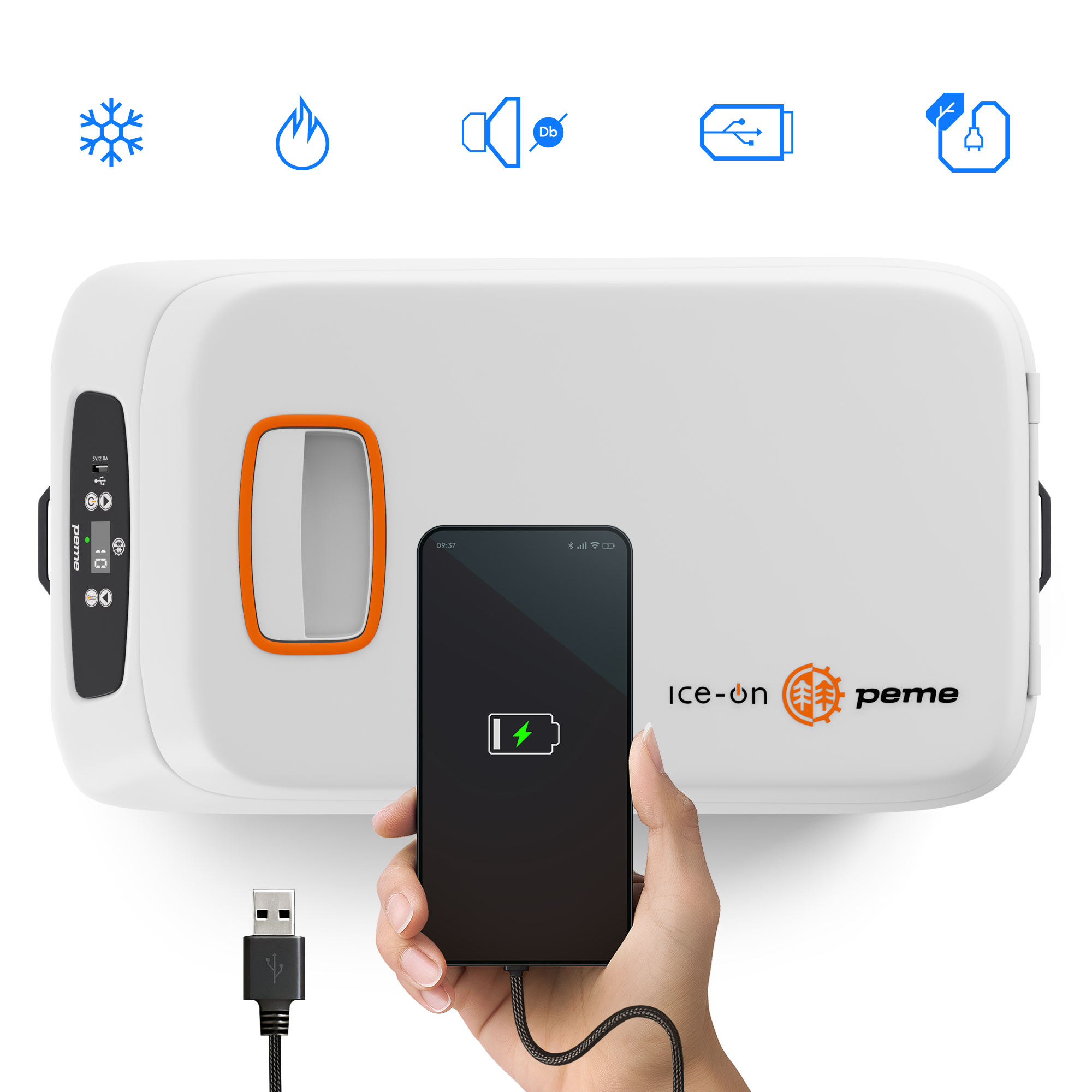 Eine Hand, die ein ladendes Telefon hält, neben einer Kühlbox. Symbole, die Funktionen darstellen, und ein USB-Kabel sind ebenfalls sichtbar.