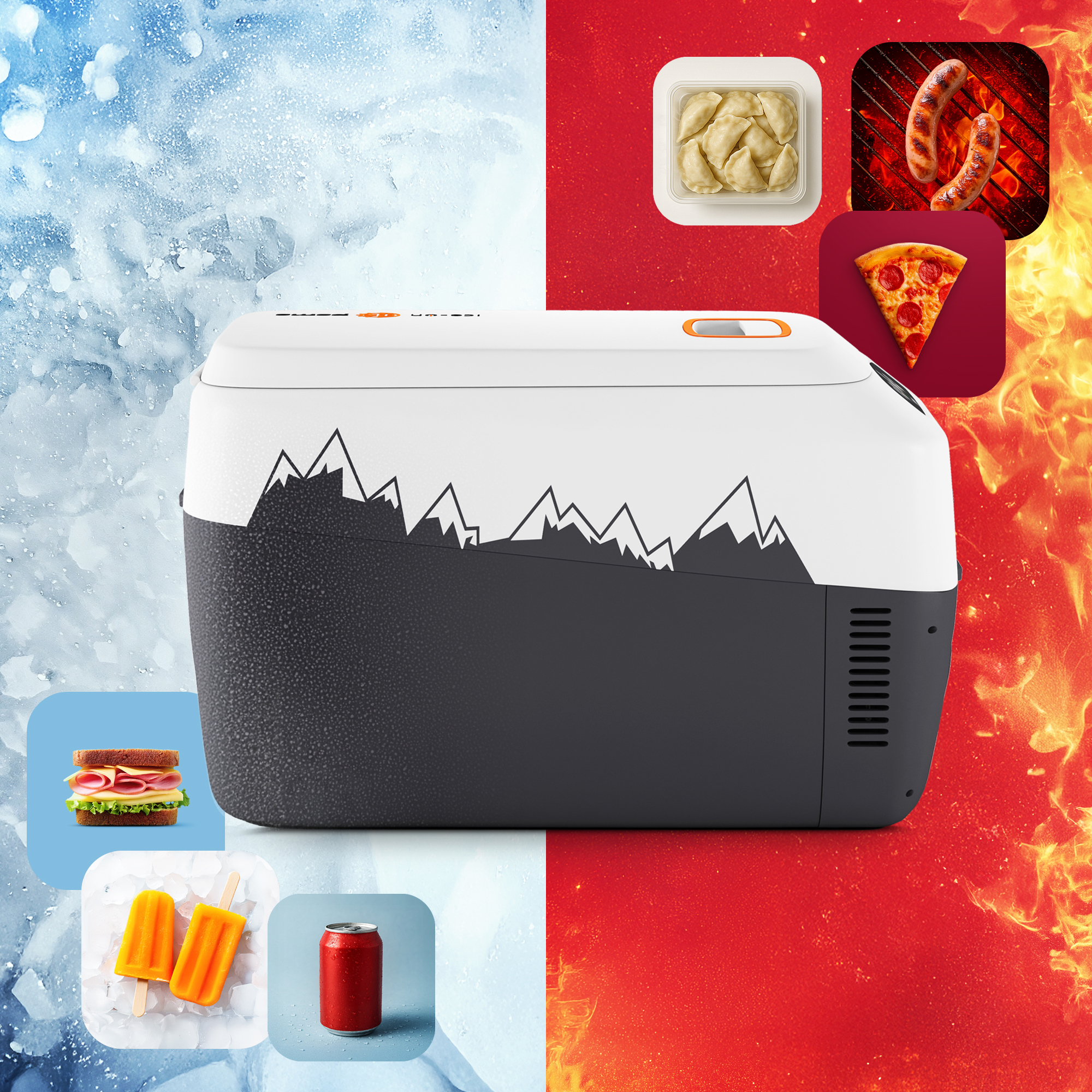 Eine Kühlbox, die in zwei Hälften geteilt ist, mit kalten und heißen Gegenständen auf beiden Seiten, wie einem Sandwich und einer Pizza.