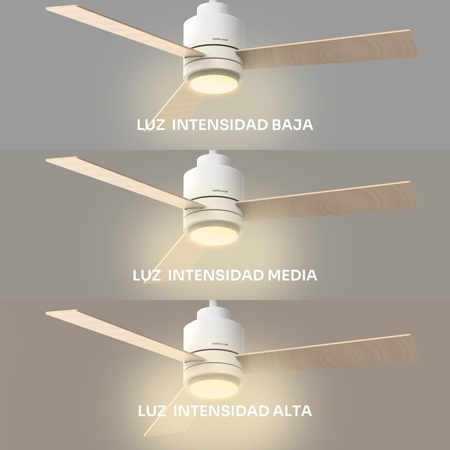 Tres ventiladores de techo que muestran diferentes niveles de intensidad de luz: baja, media y alta.