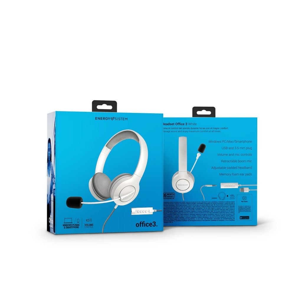 Auriculares blancos en una caja azul con detalles del producto. La caja muestra los auriculares y sus características.