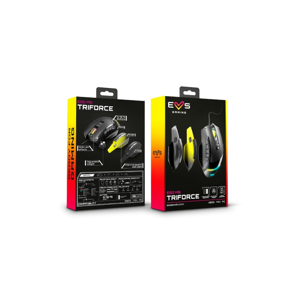 Due scatole di mouse gaming. Una rossa e gialla, l'altra gialla e nera, entrambe con immagini di mouse e testo.