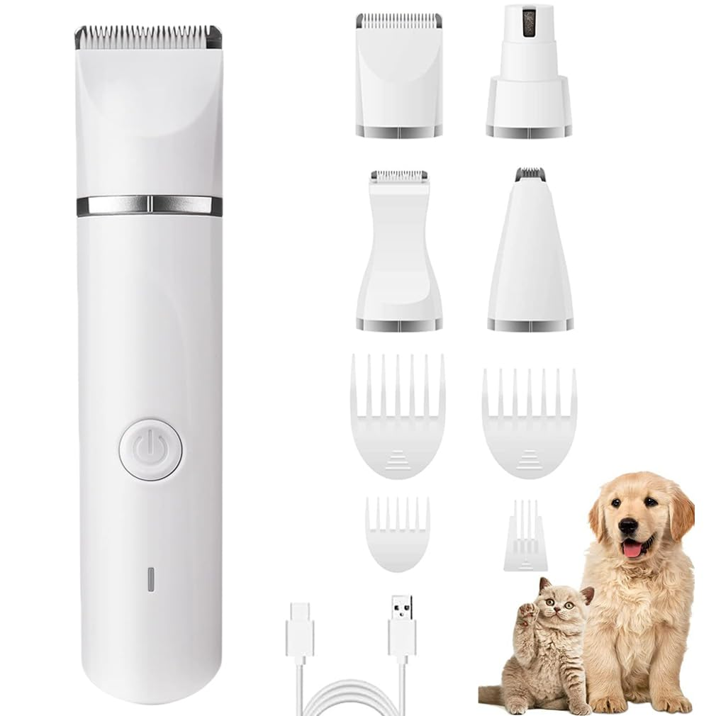 Weißes Haustierpflege-Set mit verschiedenen Aufsätzen, einem Hund, einer Katze und einem Ladekabel.