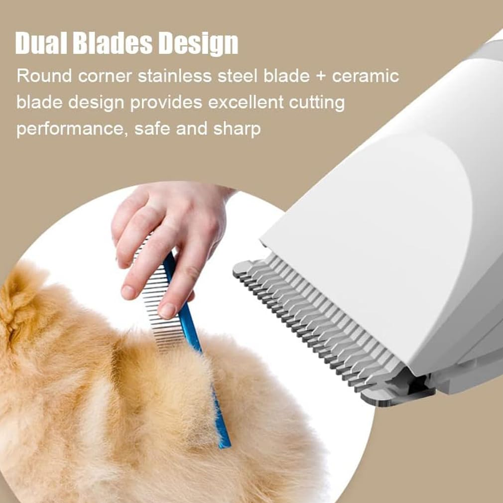 Hand, die einen Kamm an dem Fell einer Katze mit einem Trimmer verwendet, weißer Hintergrund, Nahaufnahme.