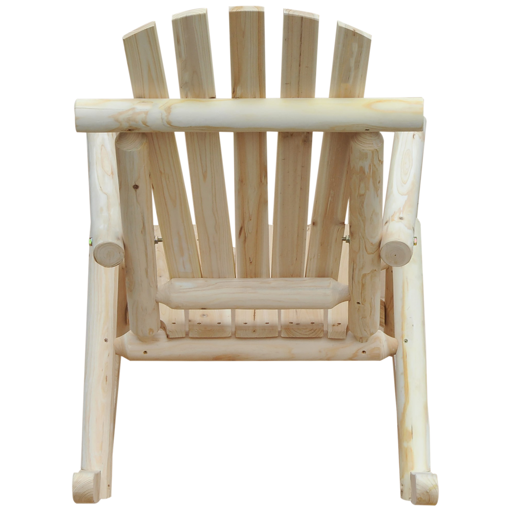 Sedia a dondolo in legno, vista frontale, che mostra la struttura e il design della sedia su sfondo bianco.