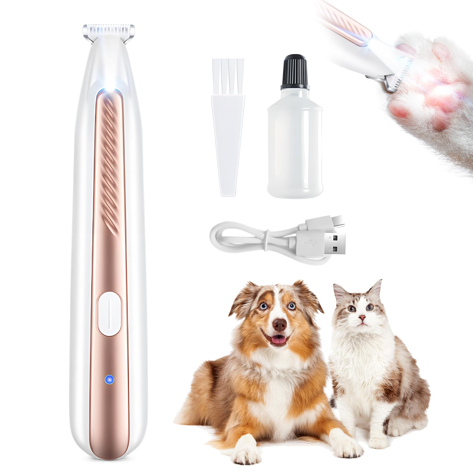 Haustierpflege-Set, Trimmer, Zubehör, zwei Haustiere, Hund und Katze, weißer Hintergrund.