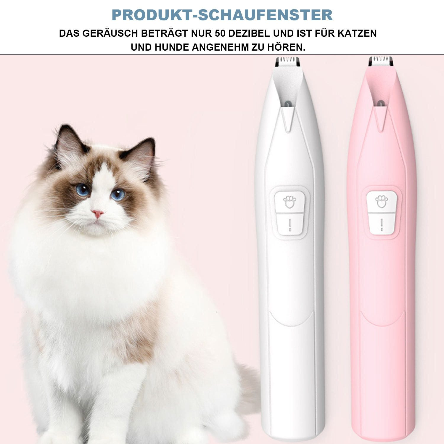 Ragdoll-Katze schaut in die Kamera, zwei Haustier-Trimmer, einer weiß, einer rosa, auf rosa Hintergrund.