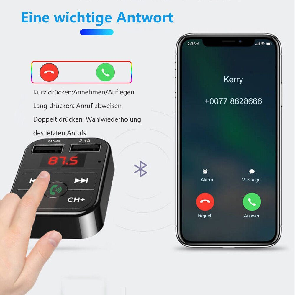 Gerät mit Bildschirm zeigt 87.5, Hand, Telefon zeigt Anrufbildschirm, Bluetooth-Symbol, Textdetails.