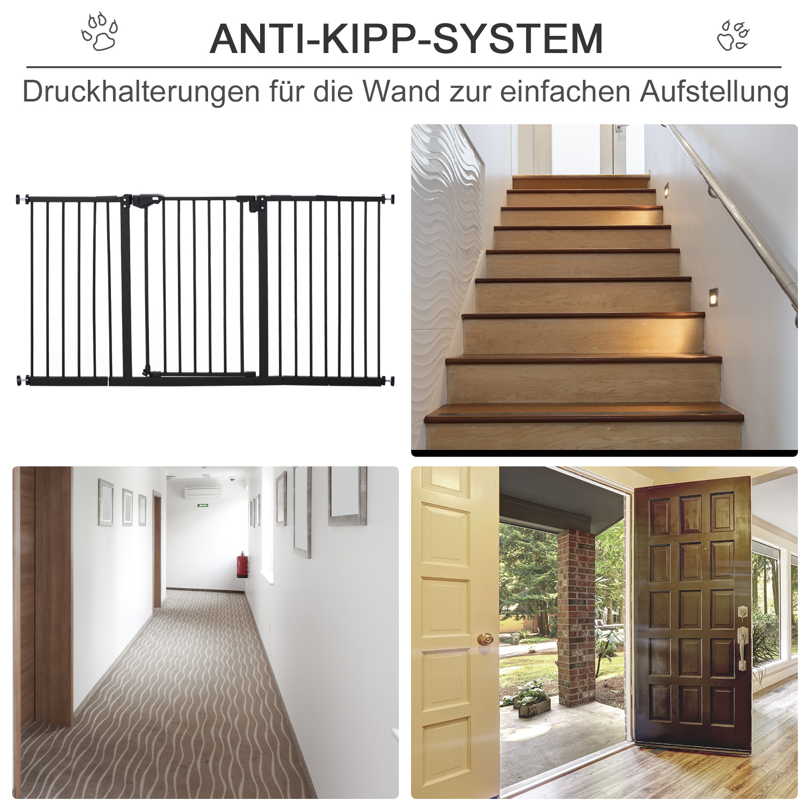 Schwarzes Metalltor mit Treppe, Flur und Tür, mit Text oben.