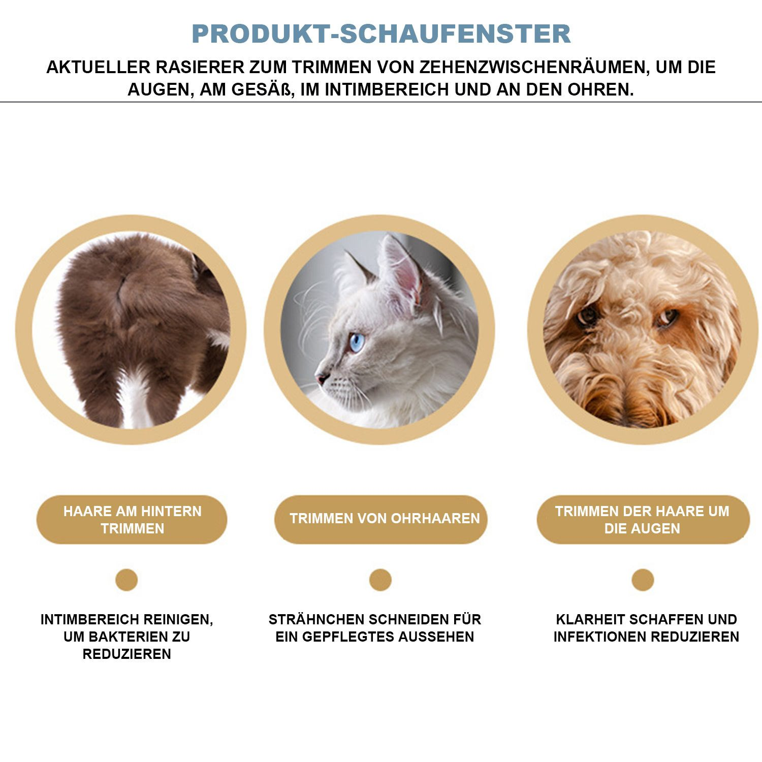 Nahaufnahme von drei verschiedenen Haustieren und Pflegeprodukten, mit Text zur Pflegebereiche und Vorteile.