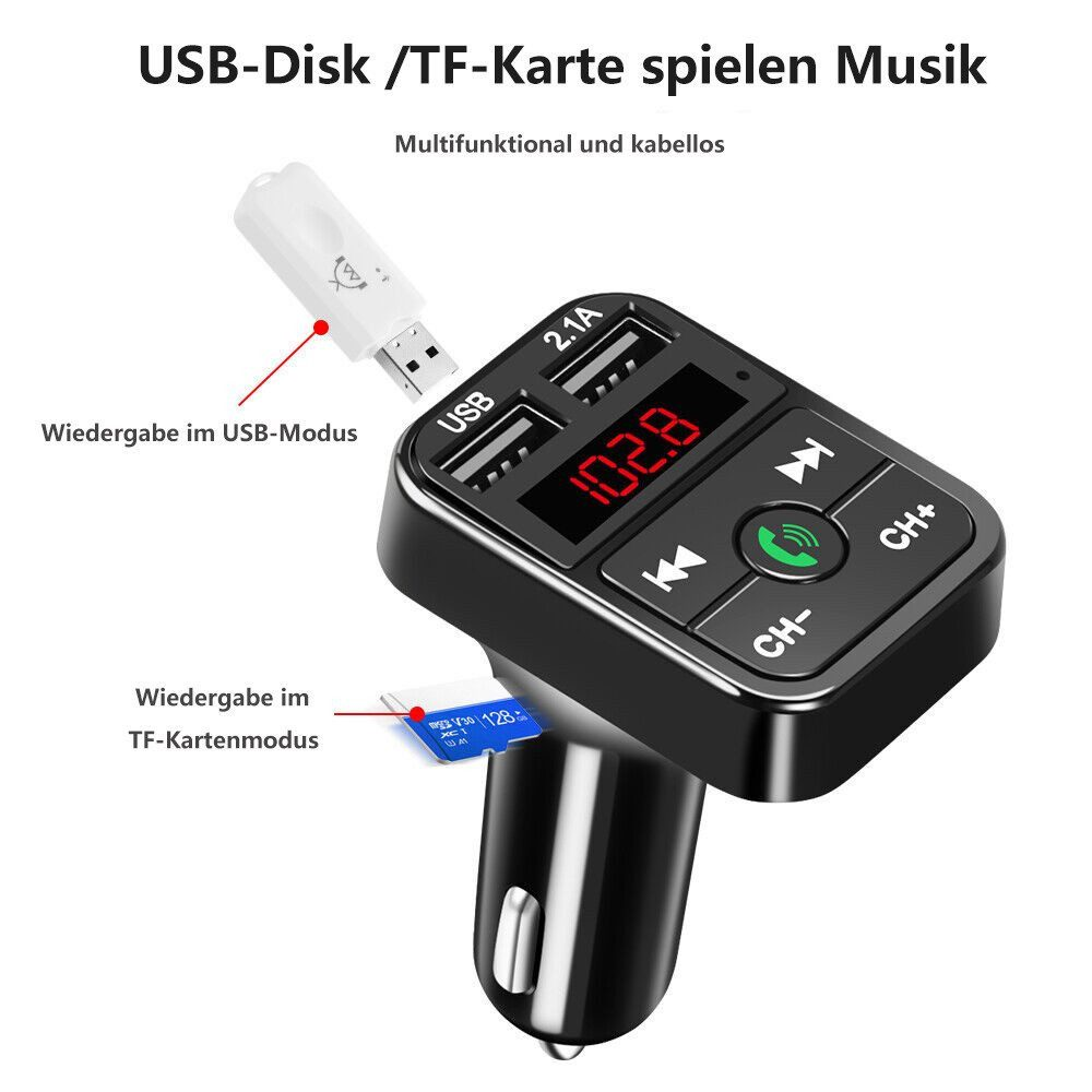 Ein schwarzes Auto-USB/TF-Karten-Musikwiedergabegerät mit einem USB-Laufwerk und einer TF-Karte. Es hat ein Display.