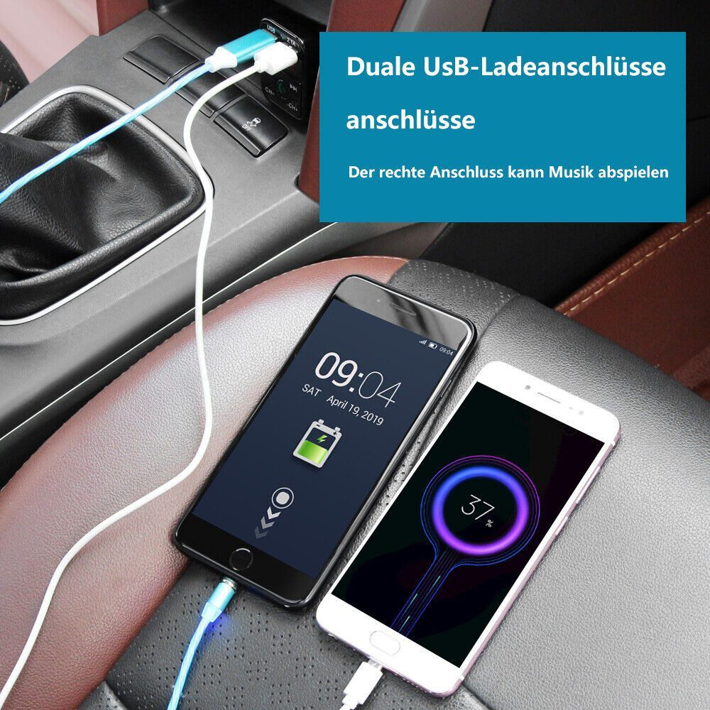 Zwei Smartphones laden in einem Auto. Ein Telefon zeigt 09:04 auf dem Bildschirm und ein anderes 37% Ladung.