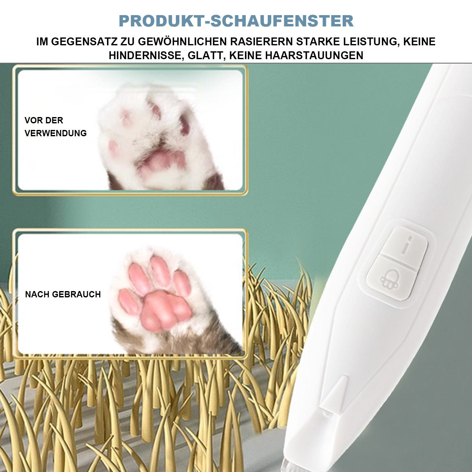 Bild, das die Wirkung eines Tierhaarschneiders auf eine Pfote vor und nach dem Gebrauch neben Produktdetails zeigt.