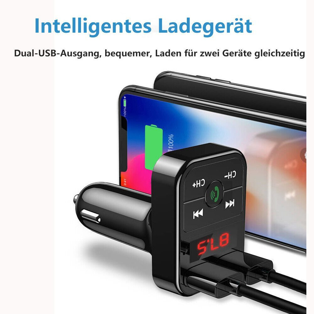 Ein schwarzes Autoladegerät mit zwei USB-Anschlüssen ist eingesteckt und zeigt 87,5 auf einem roten LED-Bildschirm an.