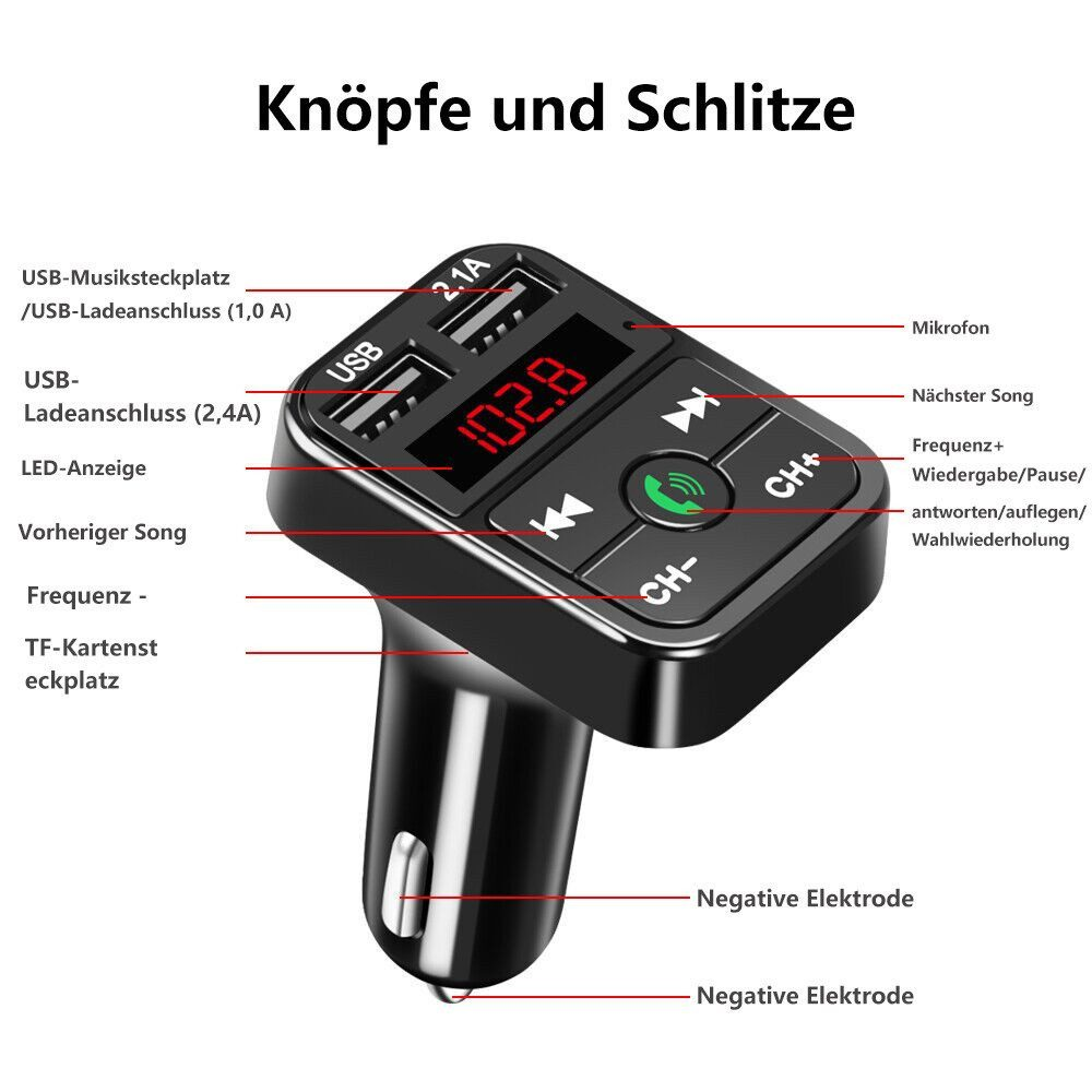 Ein schwarzes Autoladegerät verfügt über beschriftete Anschlüsse und Tasten, einschließlich USB- und Frequenzregler.