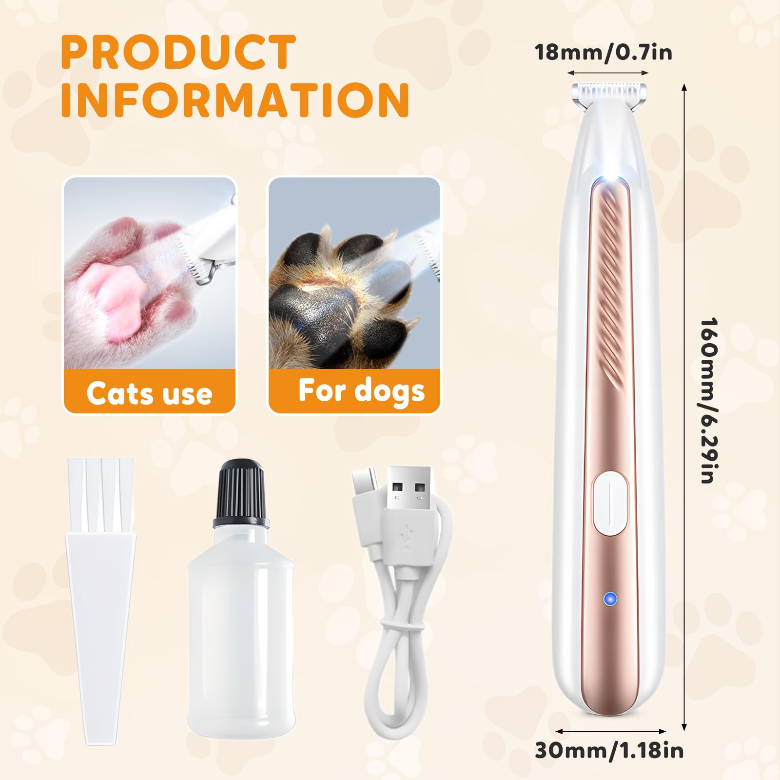 Produktinformationen eines Tierhaarschneiders, einschließlich Abmessungen und Verwendung für Katzen und Hunde.