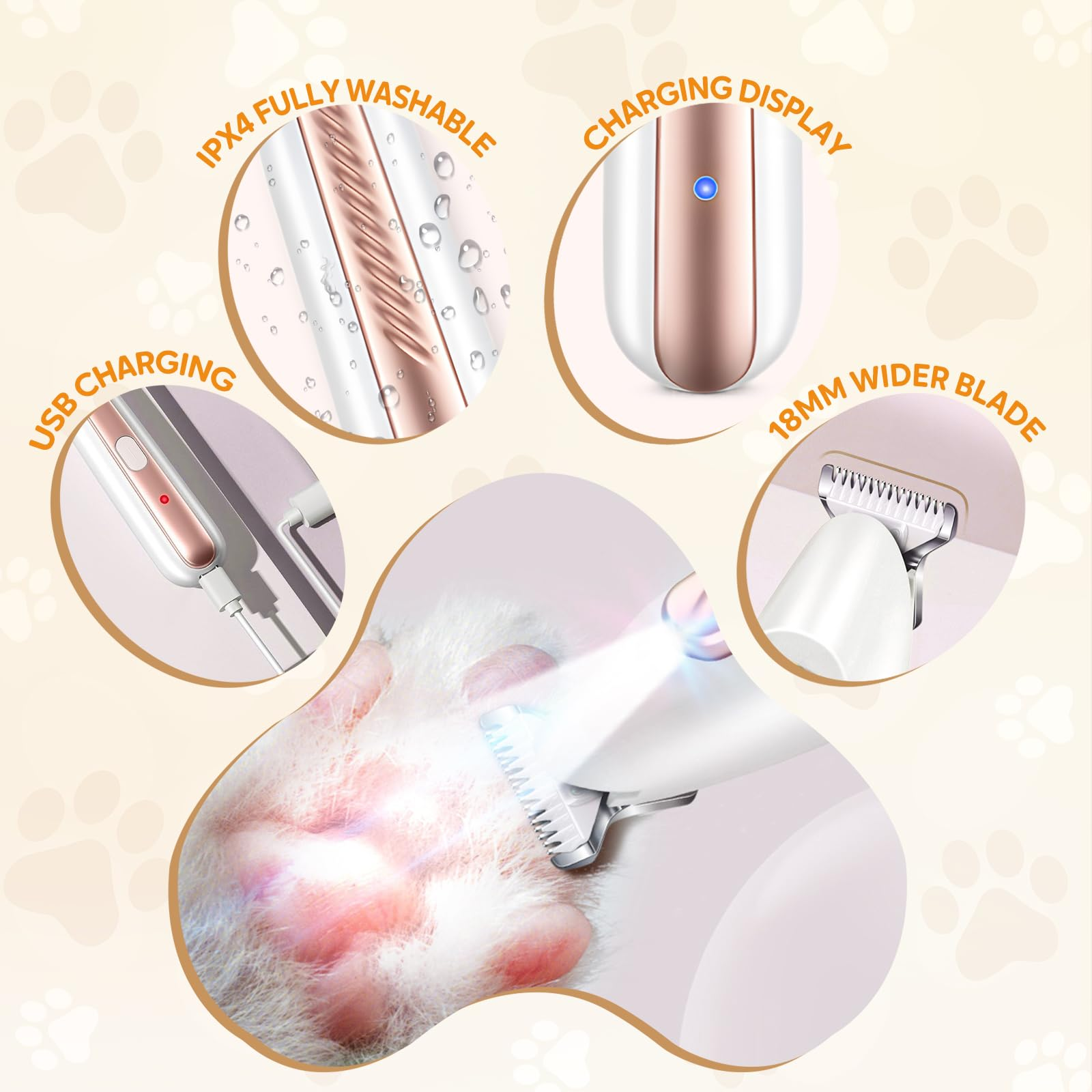 Details zum Tierhaarschneider: waschbar, USB-Aufladung, Ladeanzeige und 18 mm breitere Klinge.