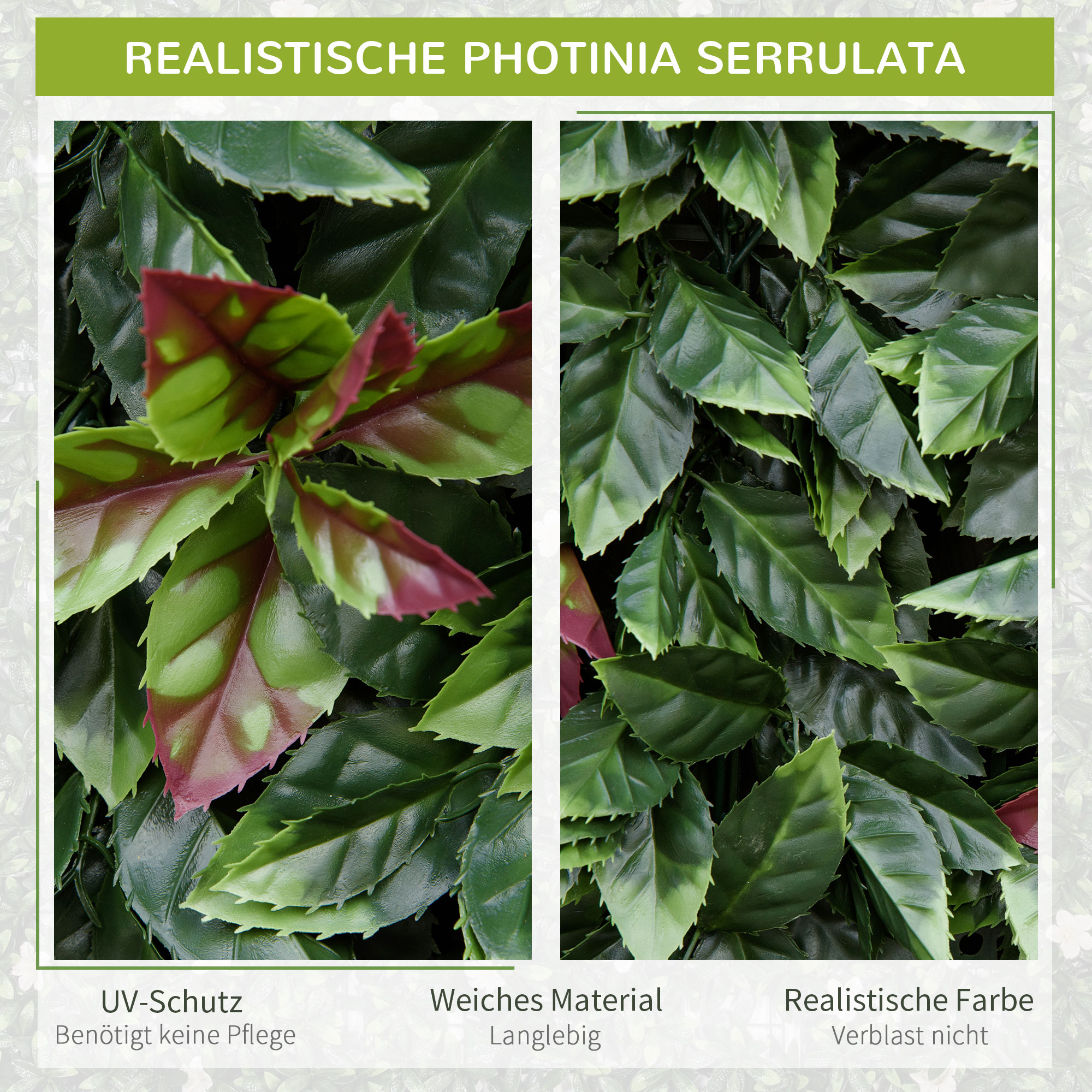 Nahaufnahme von künstlichen Photinia serrulata Blättern. Text hebt UV-Schutz, weiches Material und realistische Farbe hervor.