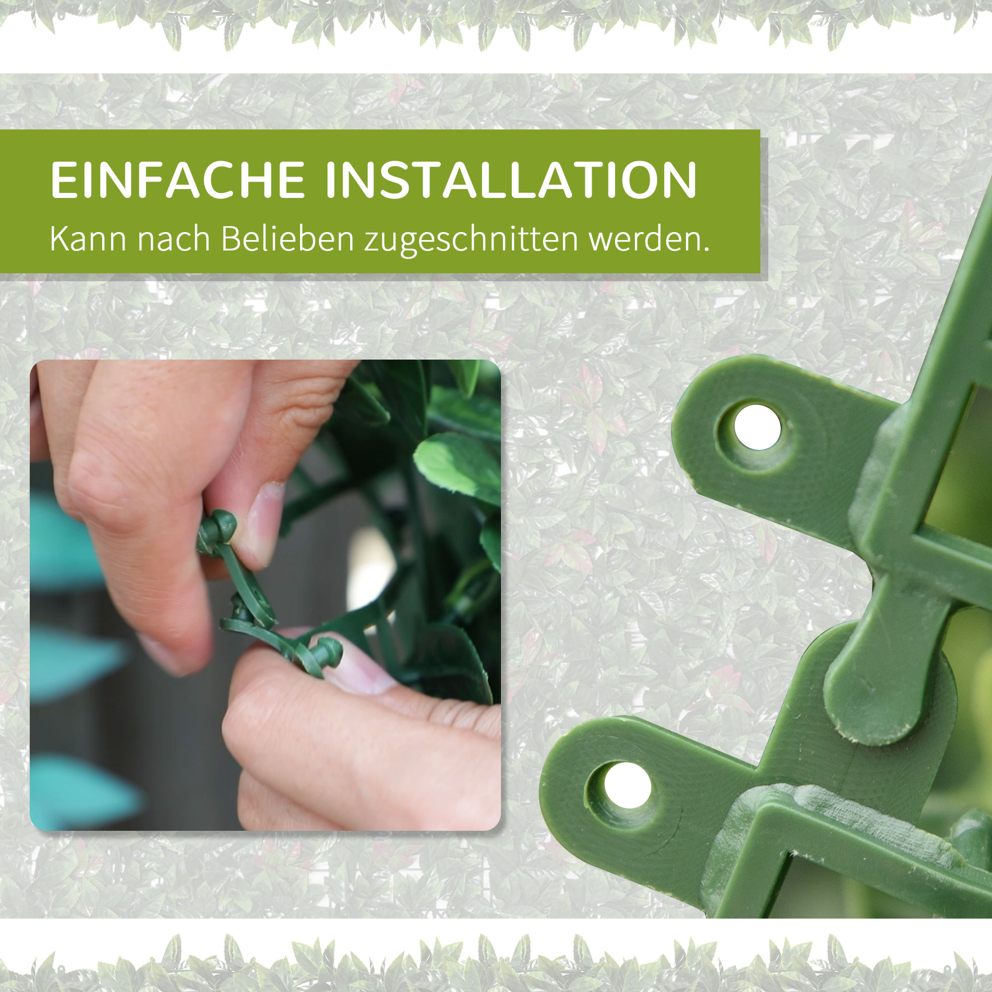 Hände verbinden grüne Kunststoffteile, um eine grüne Wand aus künstlichen Blättern zu erstellen. Text sagt einfache Installation.