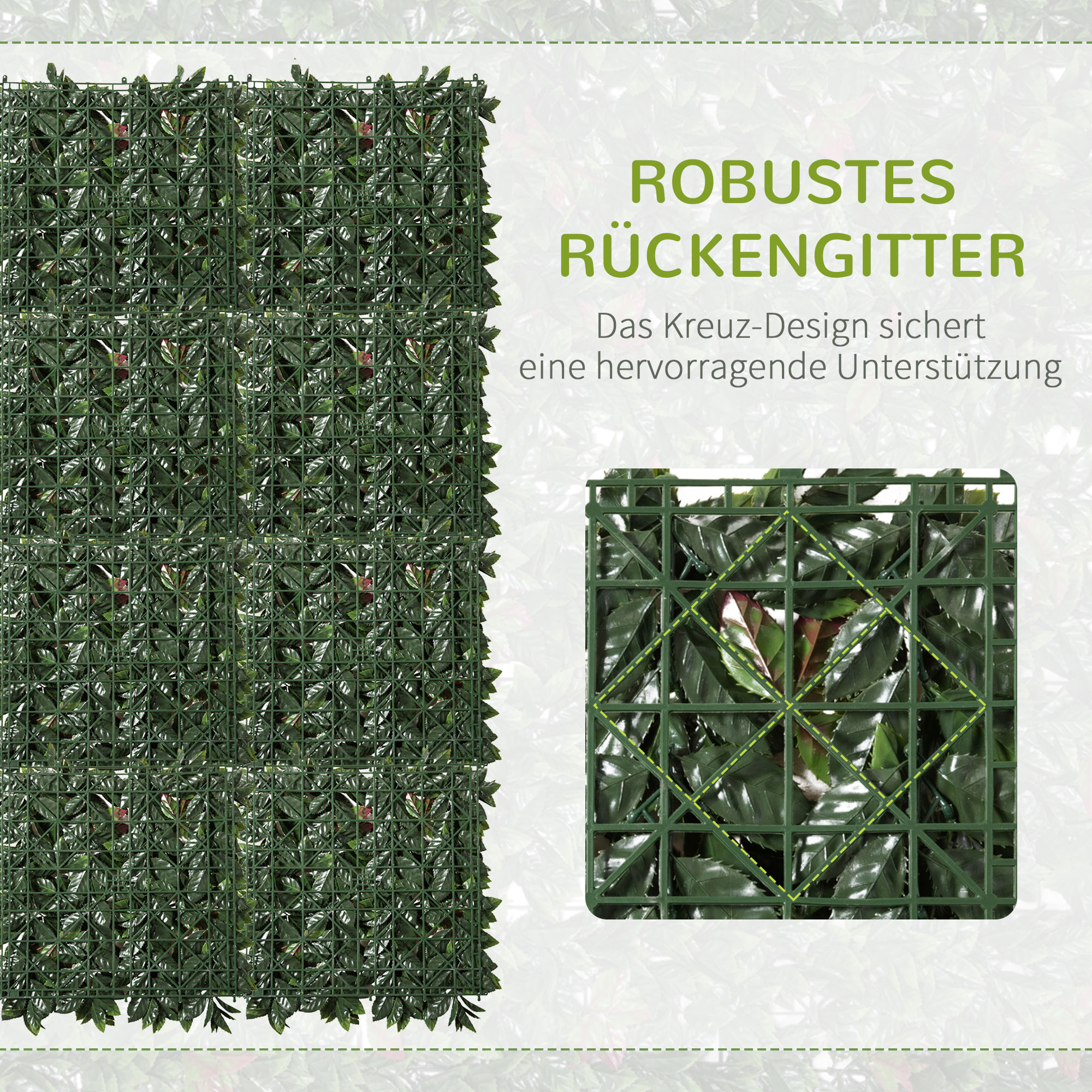 Nahaufnahme eines grünen Sichtschutzes mit deutschem Text. Der Schirm zeigt Blätter und ein Kreuz-Design.
