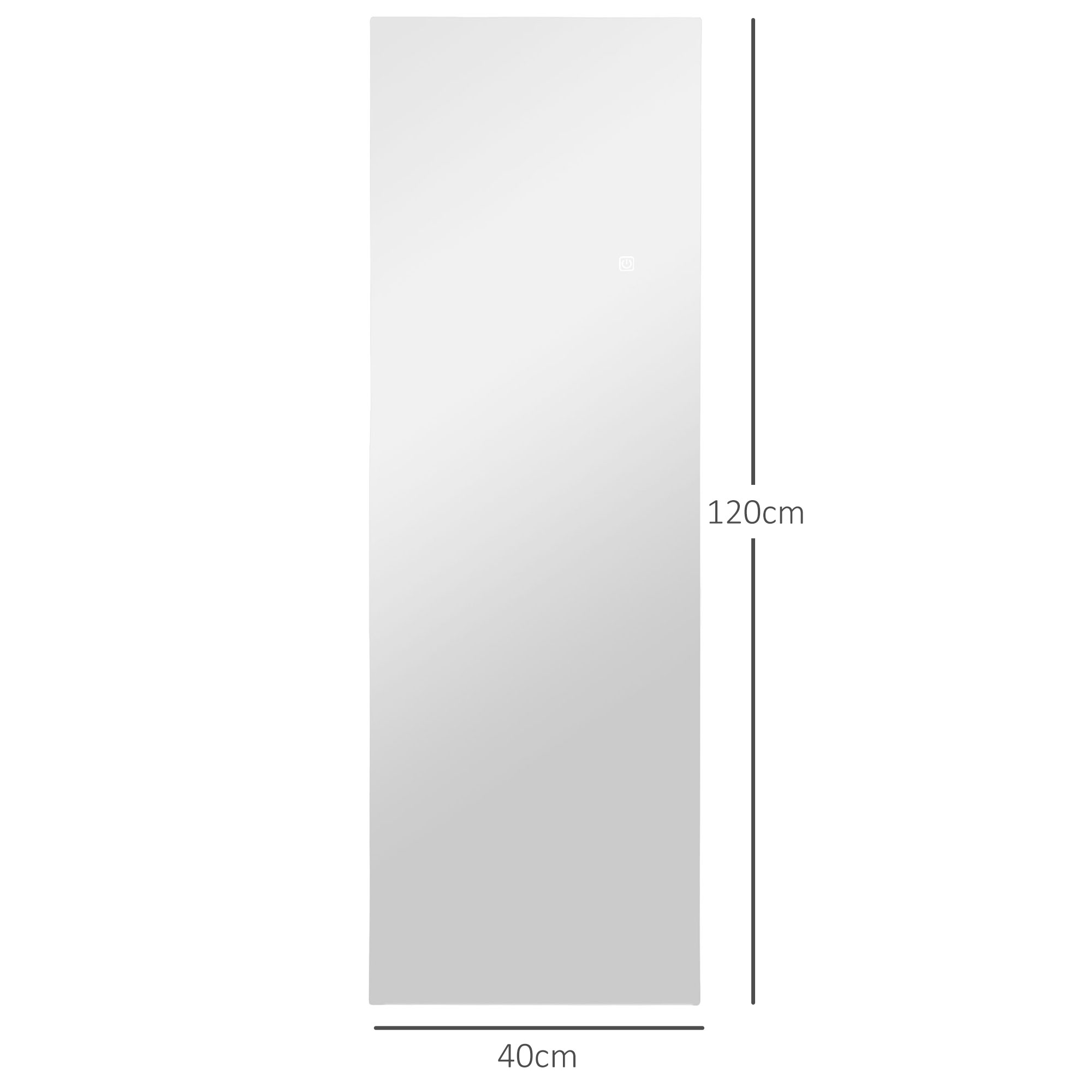 Hoher, rechteckiger Spiegel, 120 cm hoch und 40 cm breit, vor weißem Hintergrund.