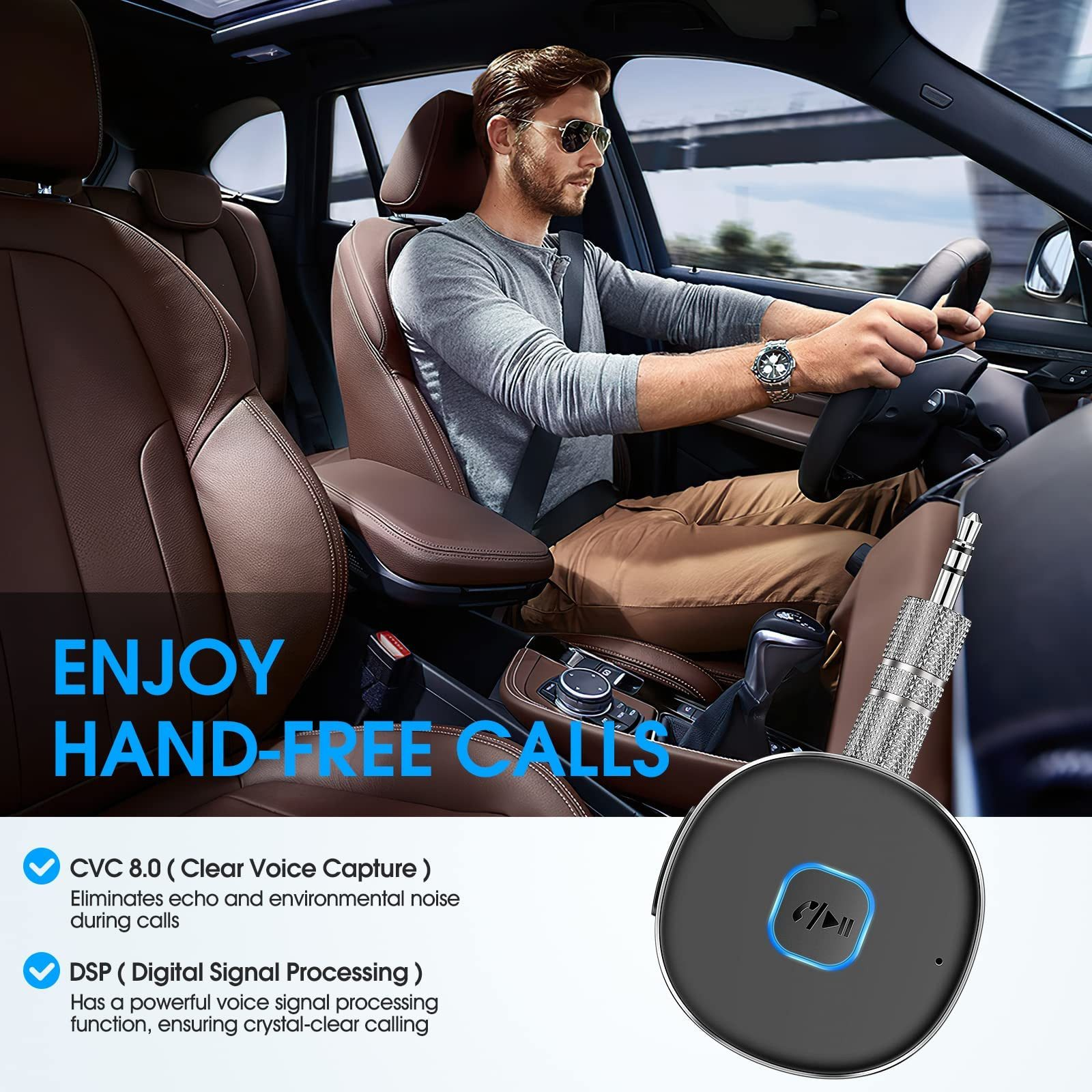 Ein Mann fährt Auto und benutzt ein Bluetooth-Gerät. Das Gerät wird mit einem Play-Symbol gezeigt.