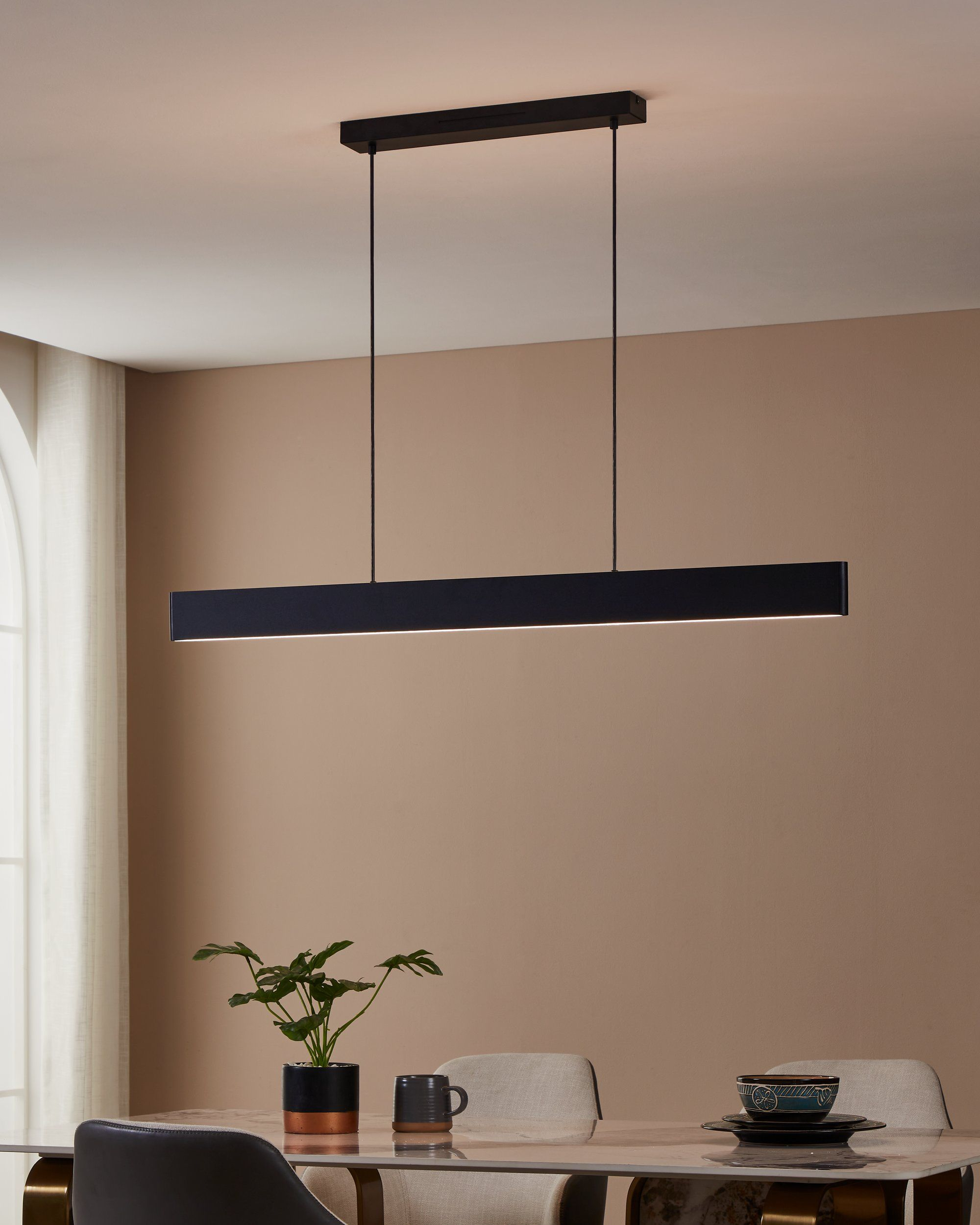 Un luminaire rectangulaire noir suspendu au plafond au-dessus d'une table à manger et d'une plante.