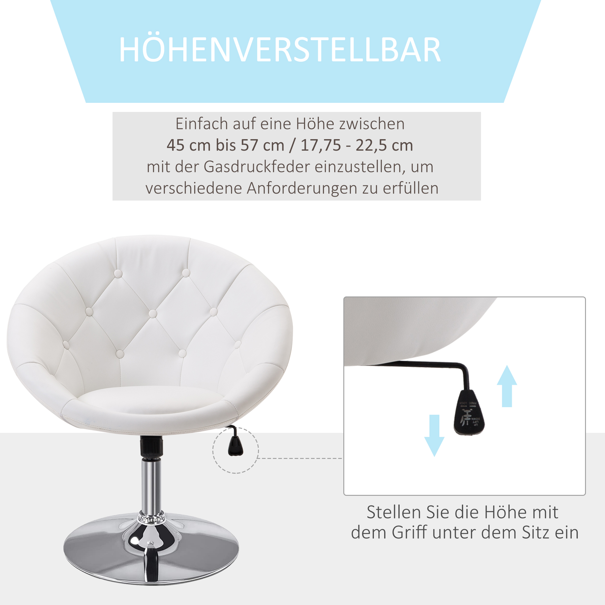 Ein weißer, getufteter, runder Stuhl mit Chromsockel. Zeigt Details zur Höhenverstellung.