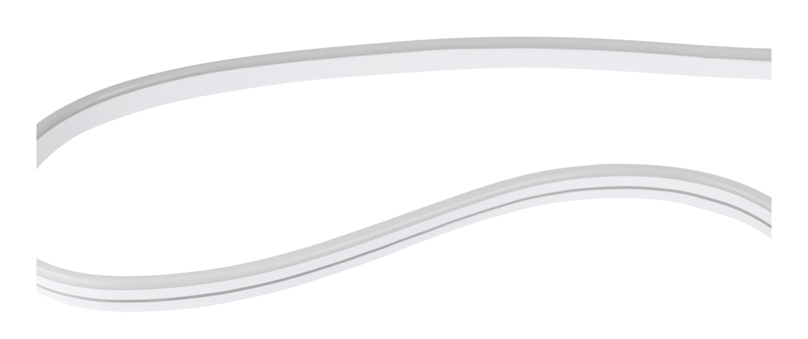 Zwei weiße, flexible LED-Streifen. Sie sind wellenförmig und haben ein weißes Licht.